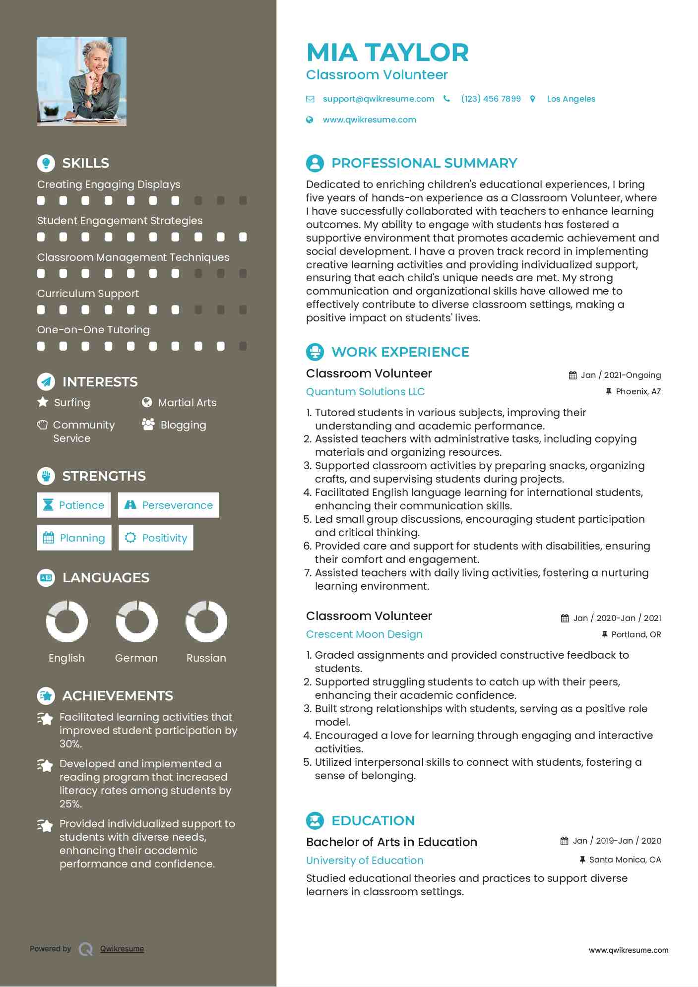 Classroom Volunteer Resume Example
