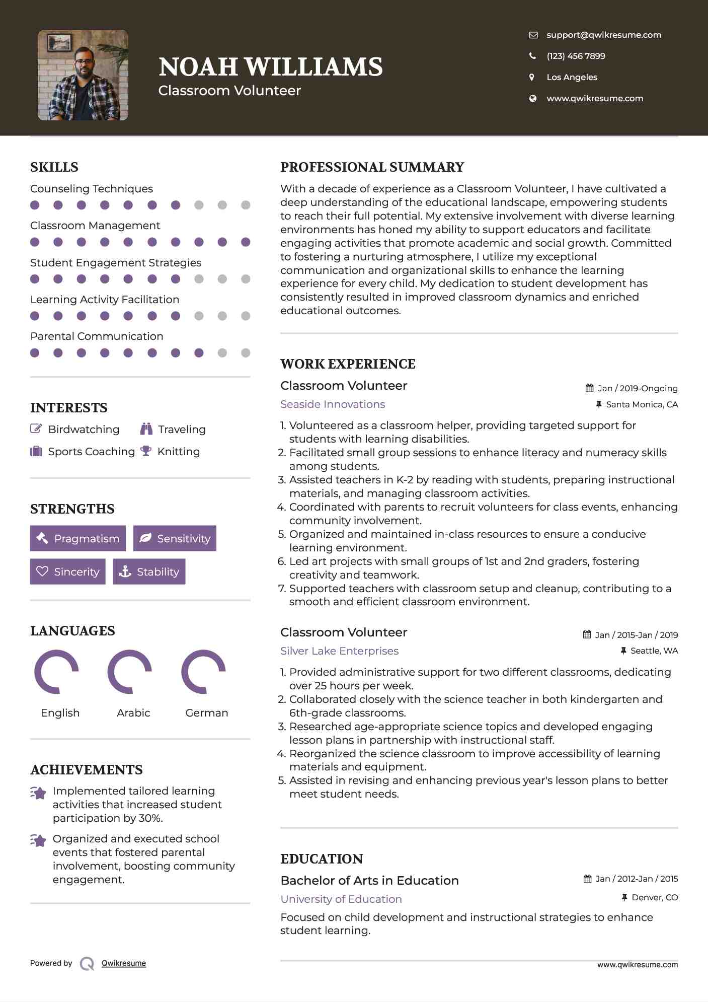 Classroom Volunteer Resume Sample