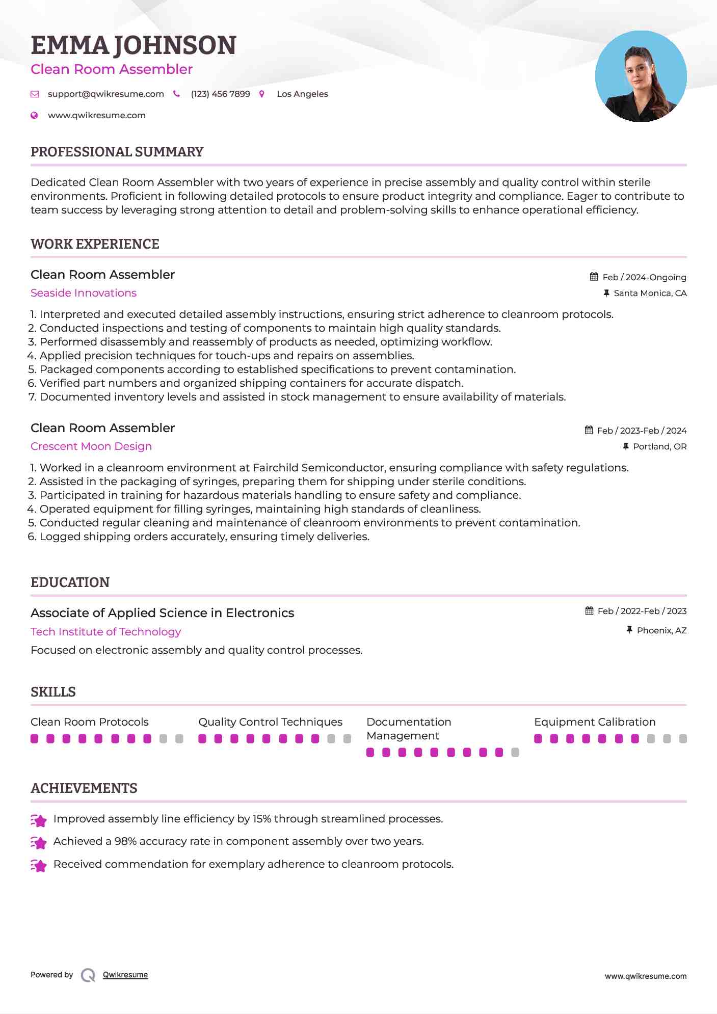 Clean Room Assembler Resume Example