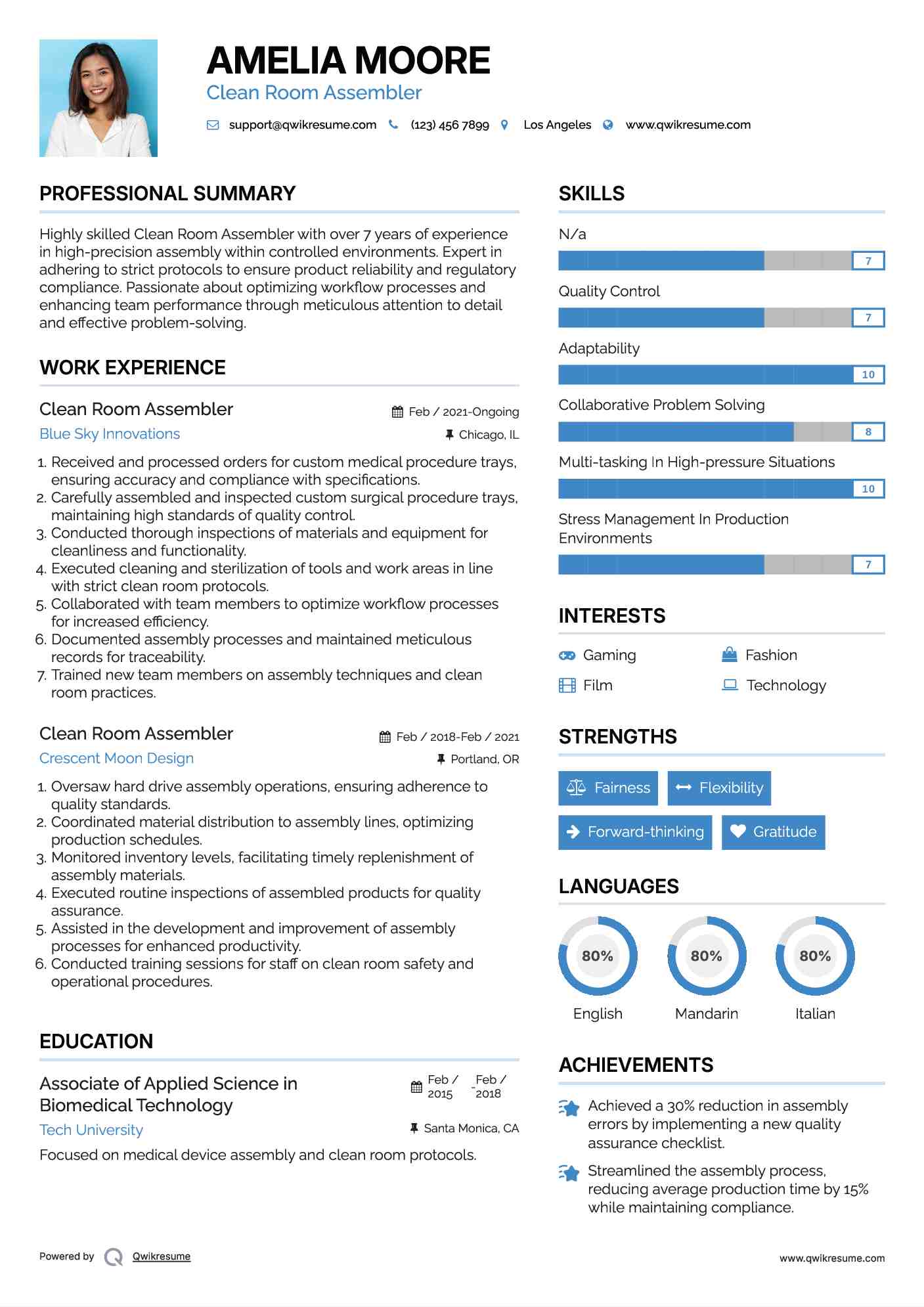Clean Room Assembler Resume Example