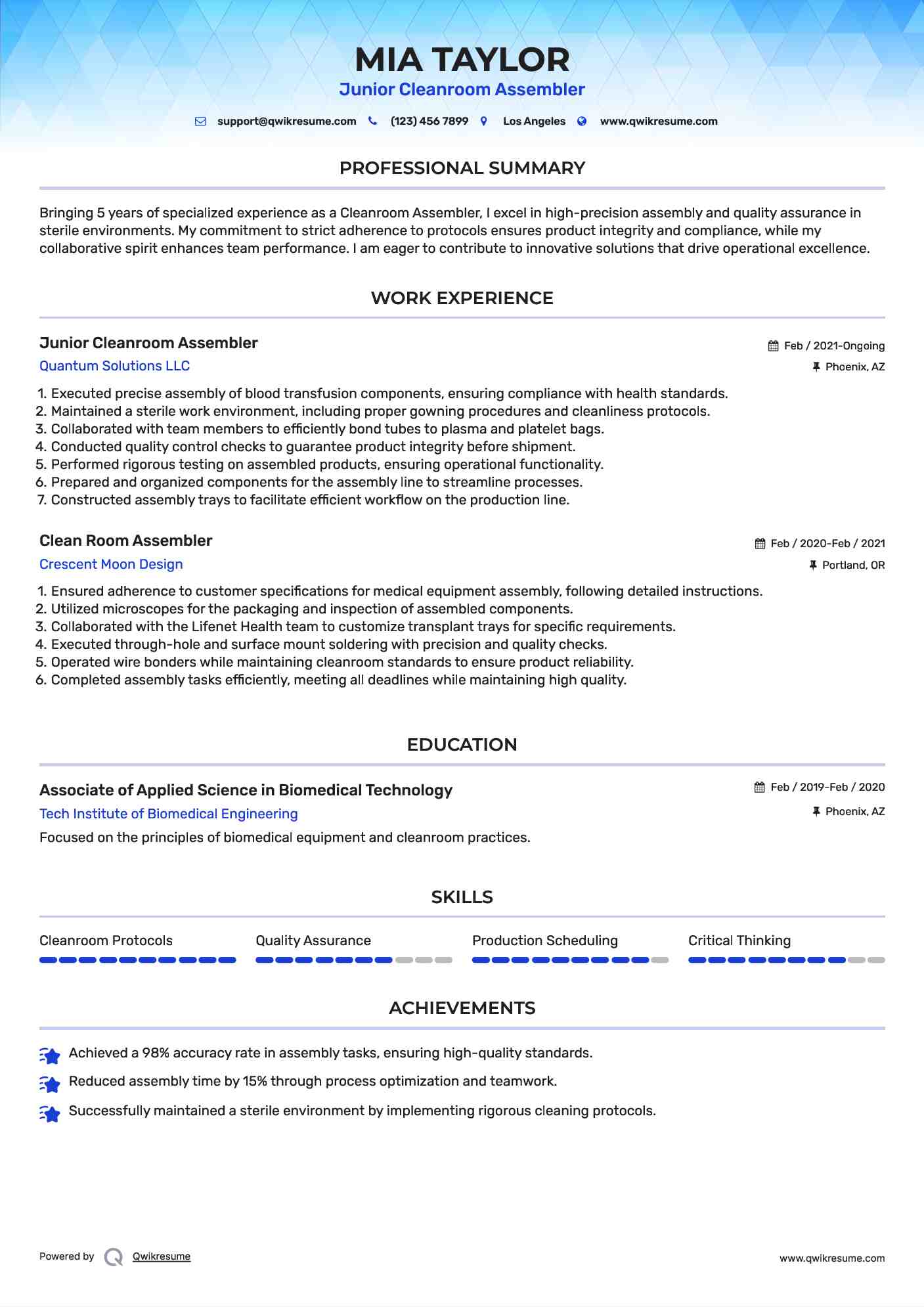 Junior Cleanroom Assembler Resume Template