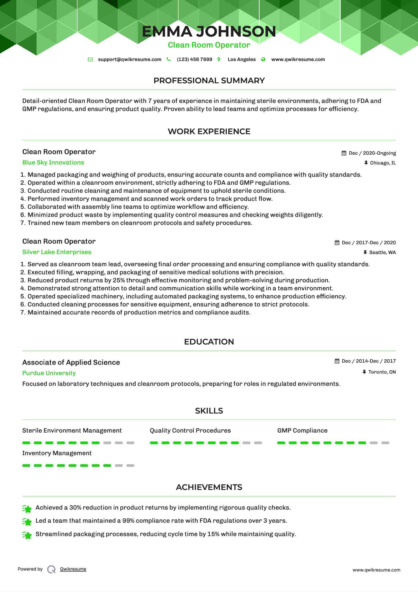 Clean Room Operator Resume Format