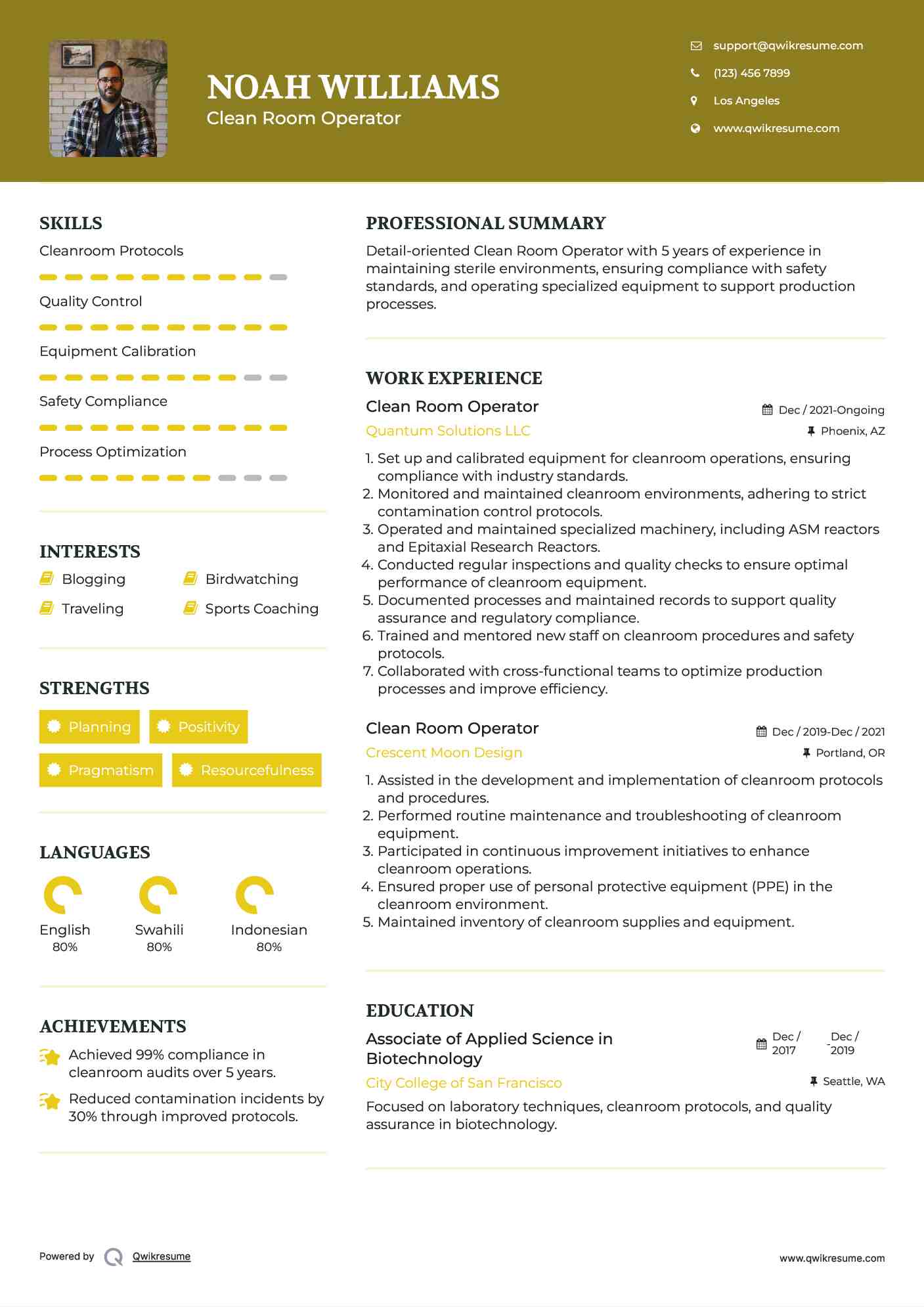 Clean Room Operator Resume Example