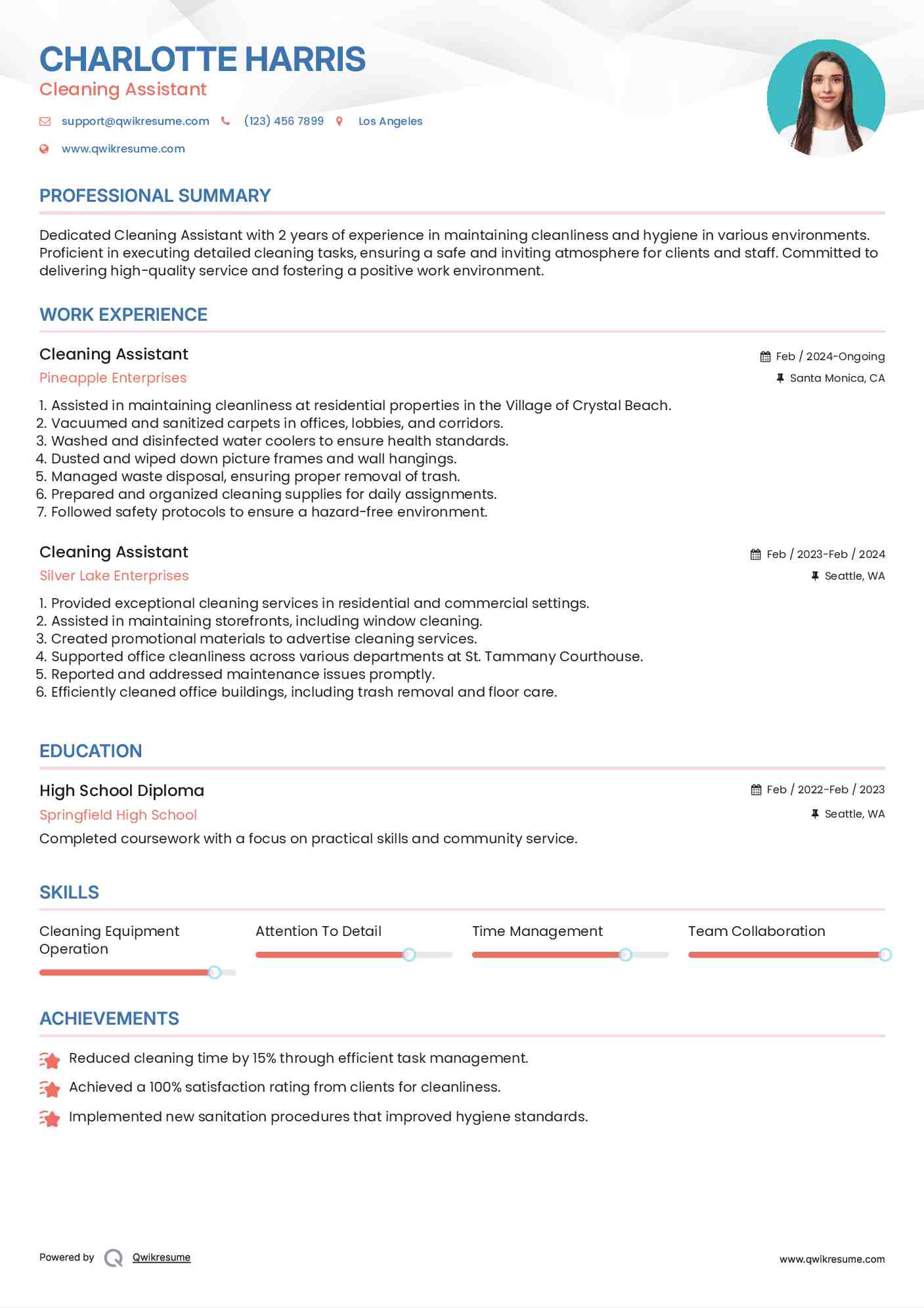 Cleaning Assistant Resume Sample