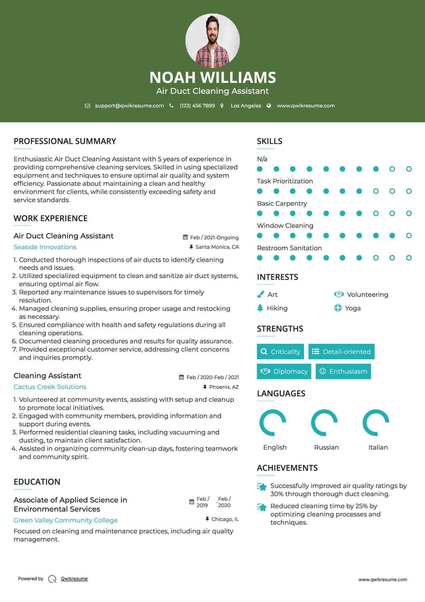 Air Duct Cleaning Assistant Resume Example