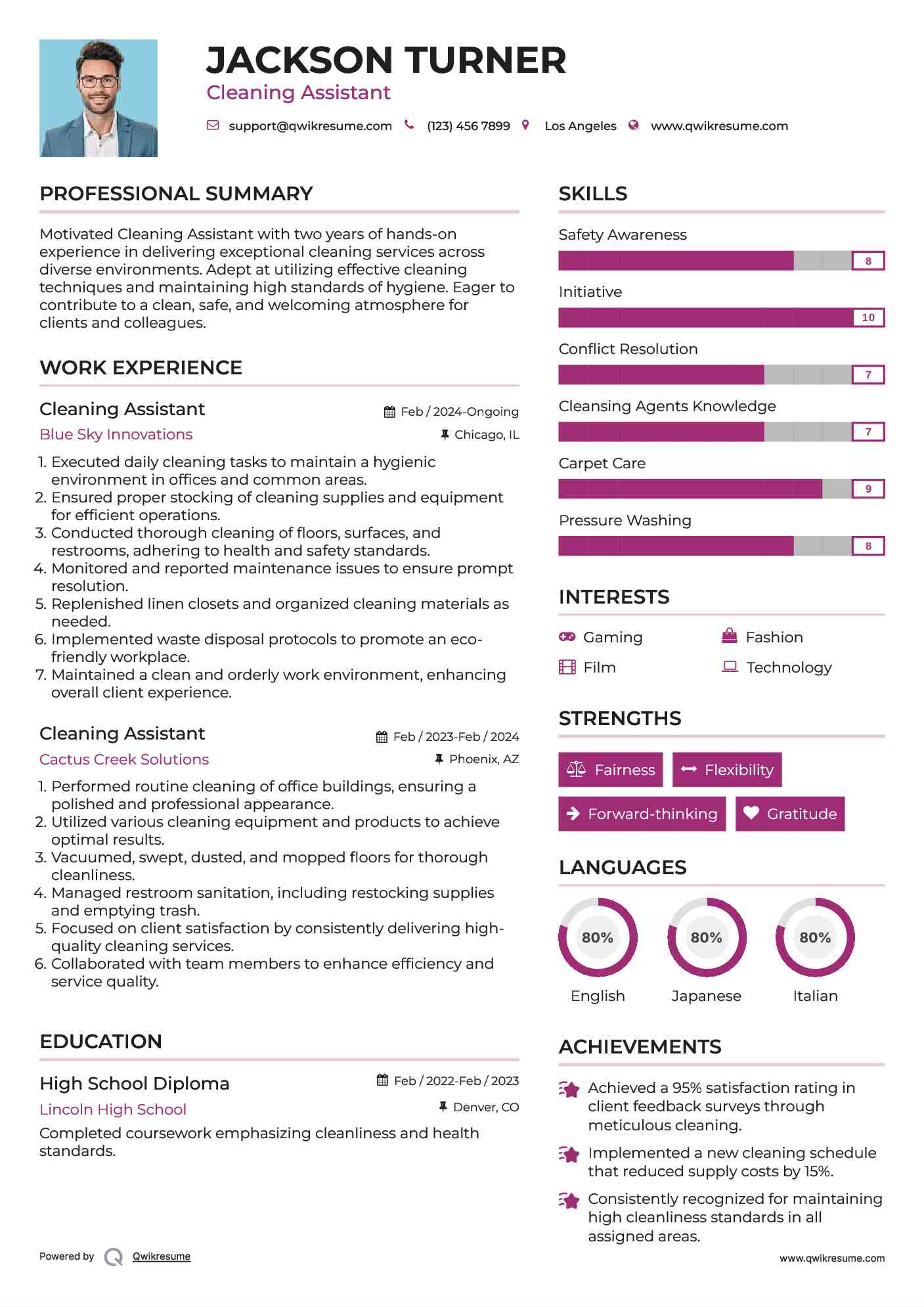 Cleaning Assistant Resume Template