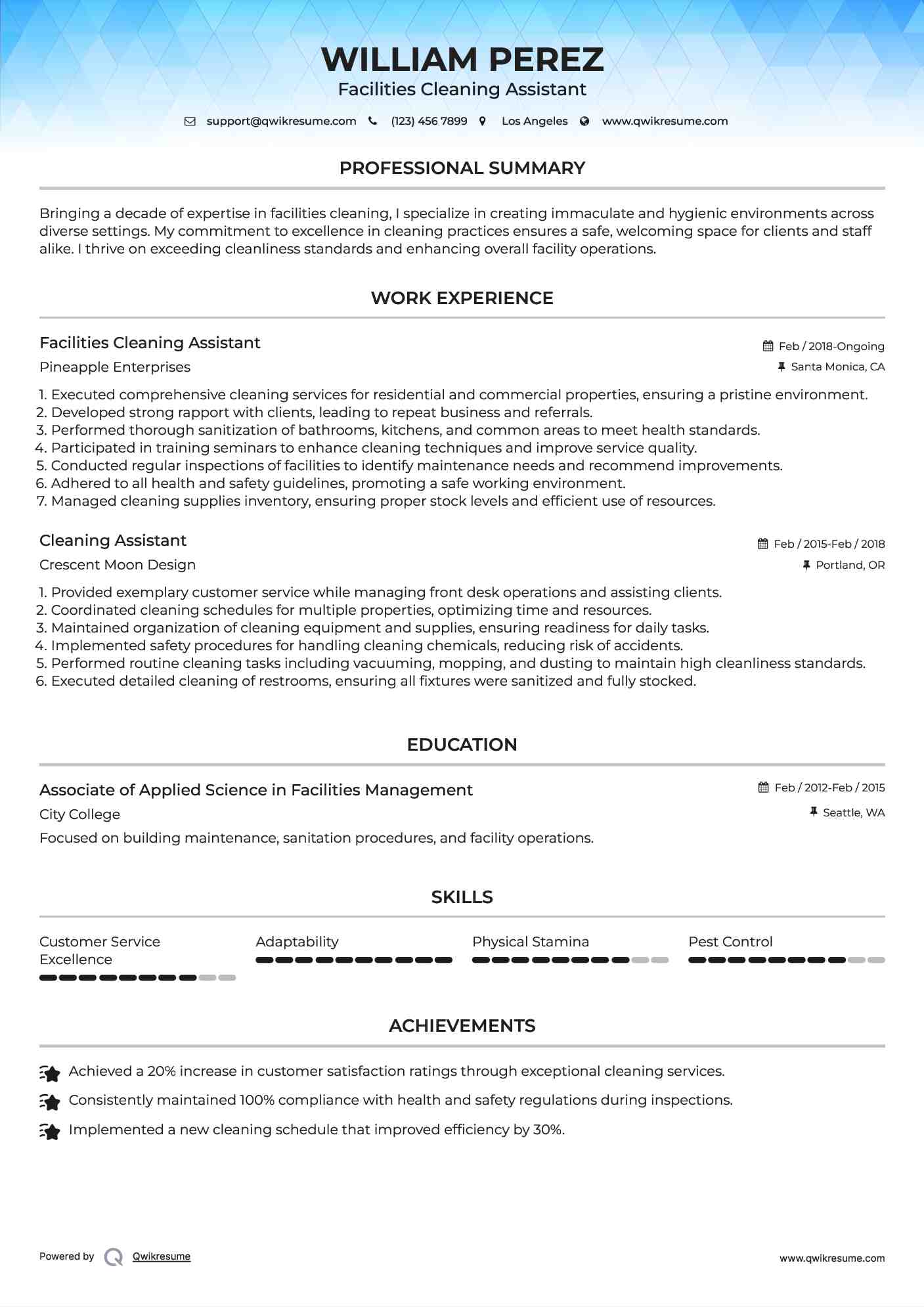 Facilities Cleaning Assistant Resume Format