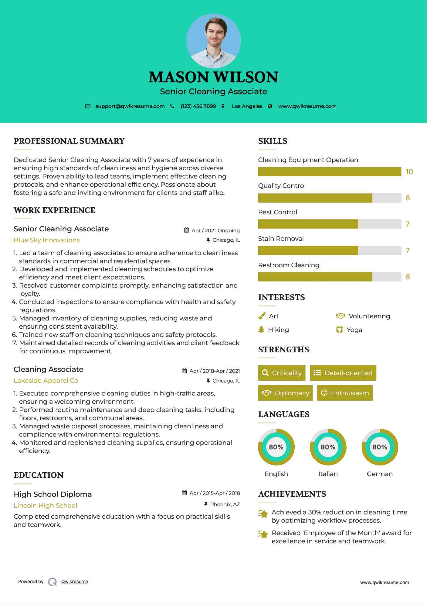 Senior Cleaning Associate Resume Example