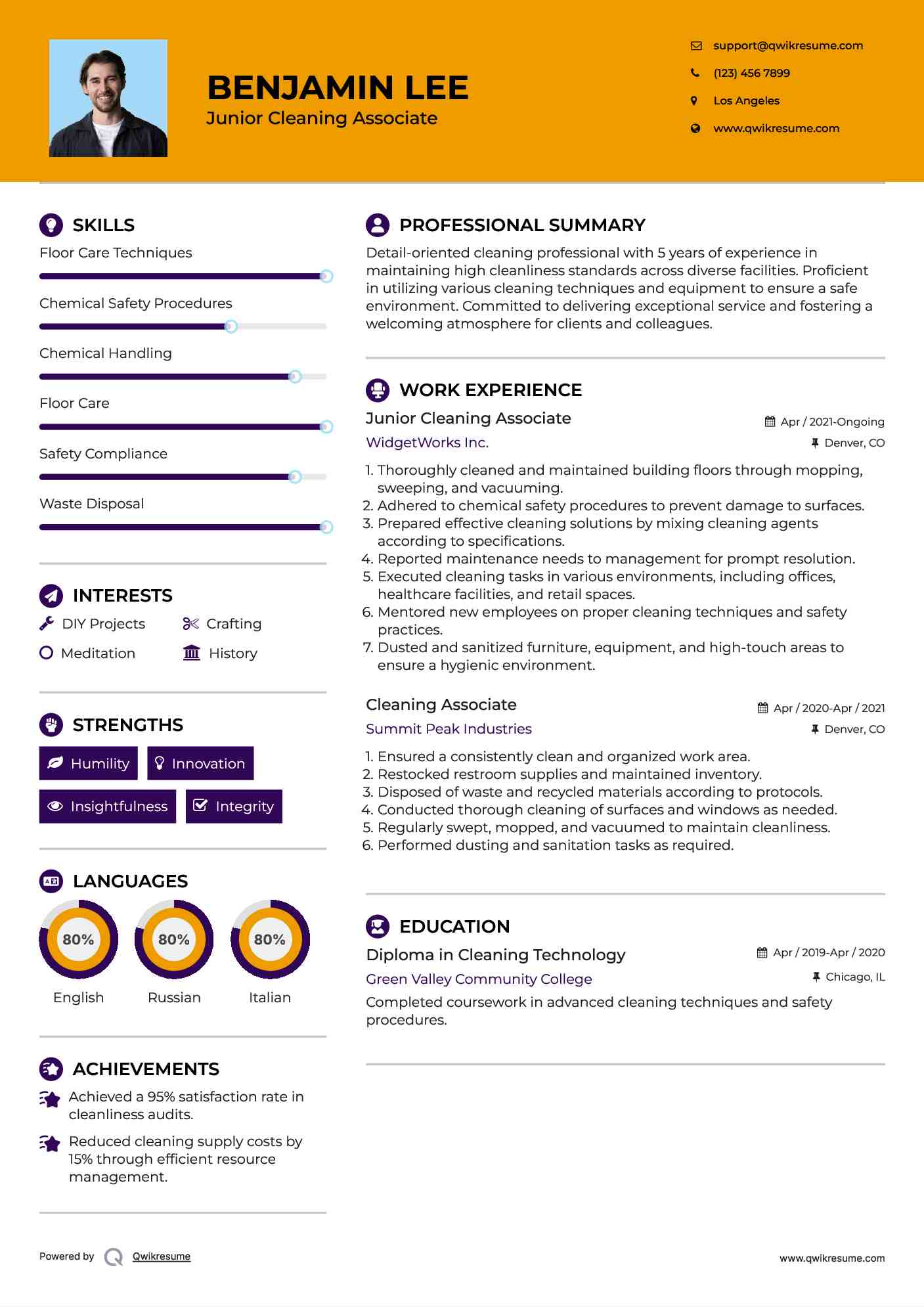 Junior Cleaning Associate Resume Example