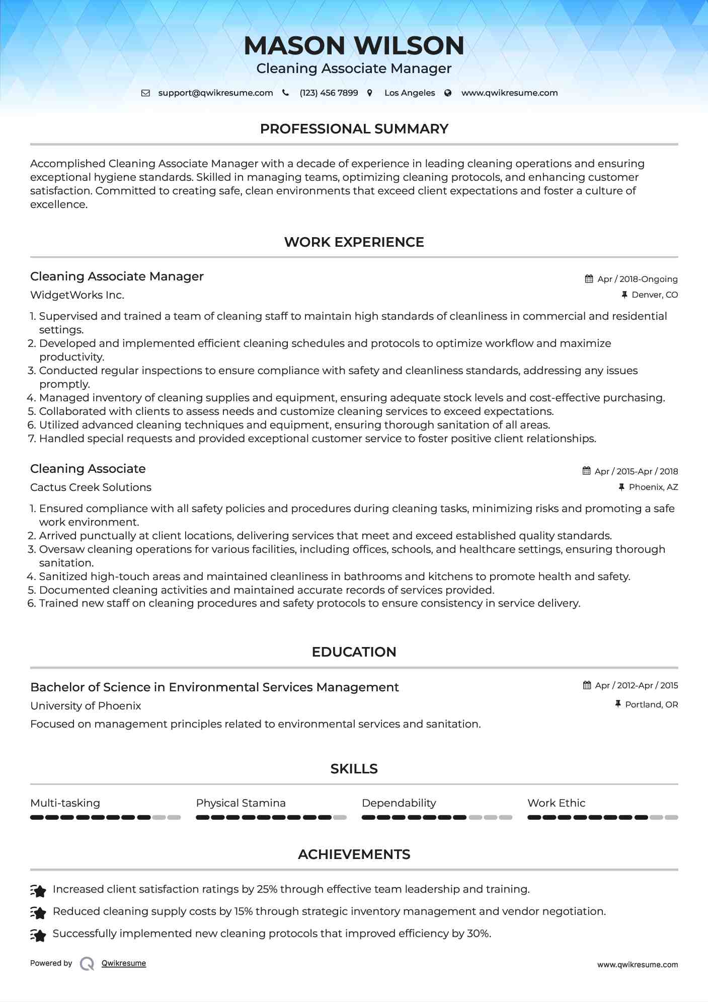 Cleaning Associate Manager Resume Template