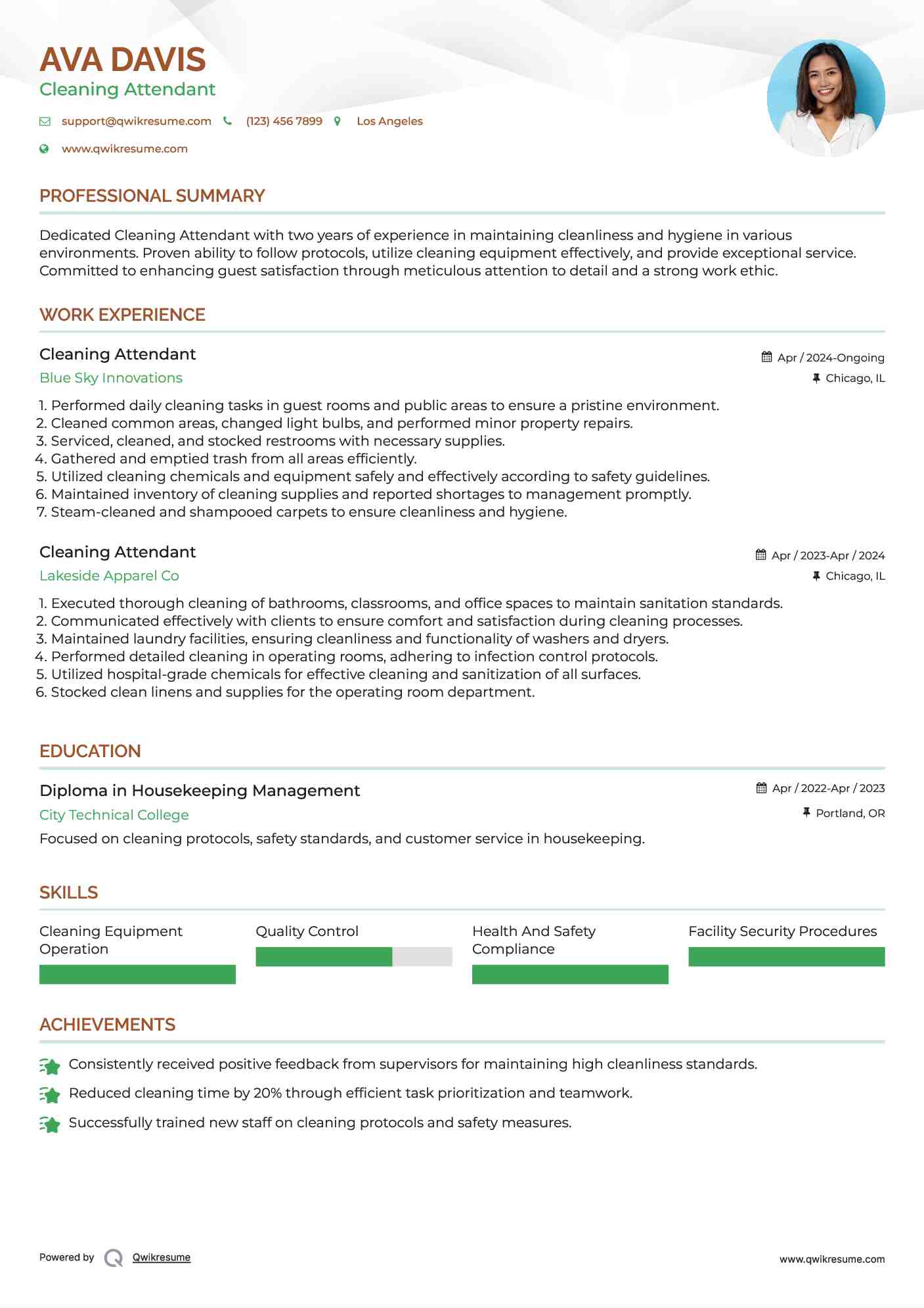 Cleaning Attendant Resume Model