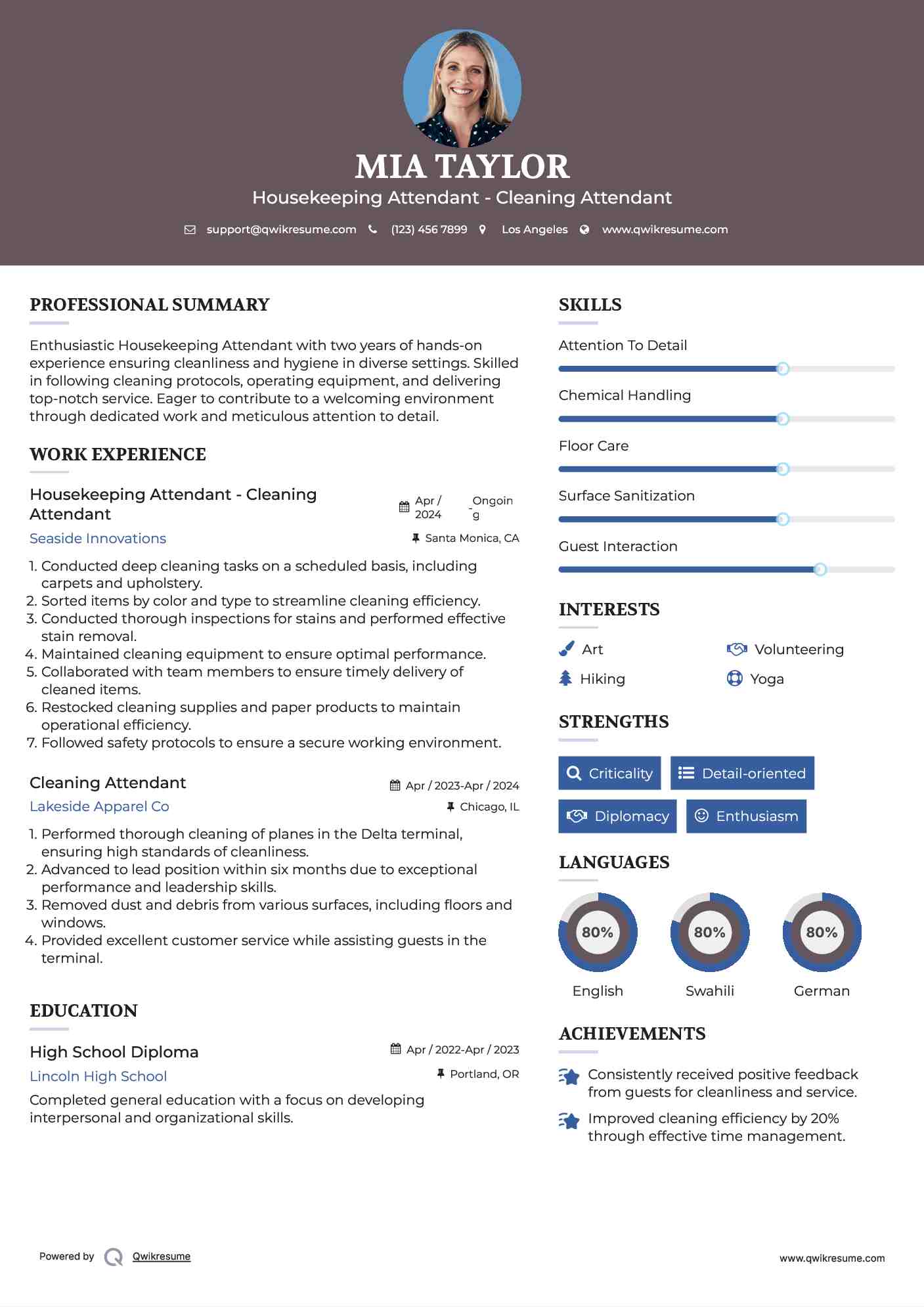 Housekeeping Attendant - Cleaning Attendant Resume Format