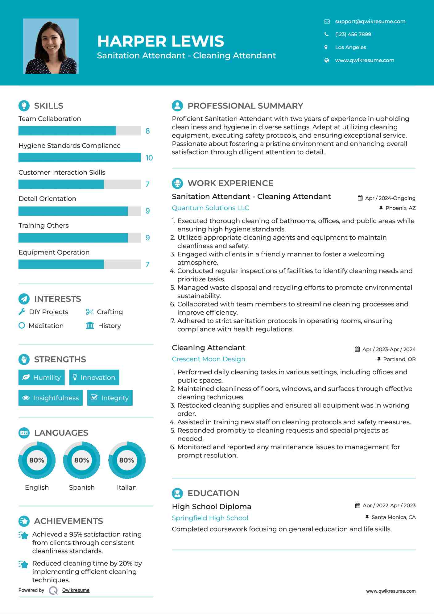 Sanitation Attendant - Cleaning Attendant Resume Model