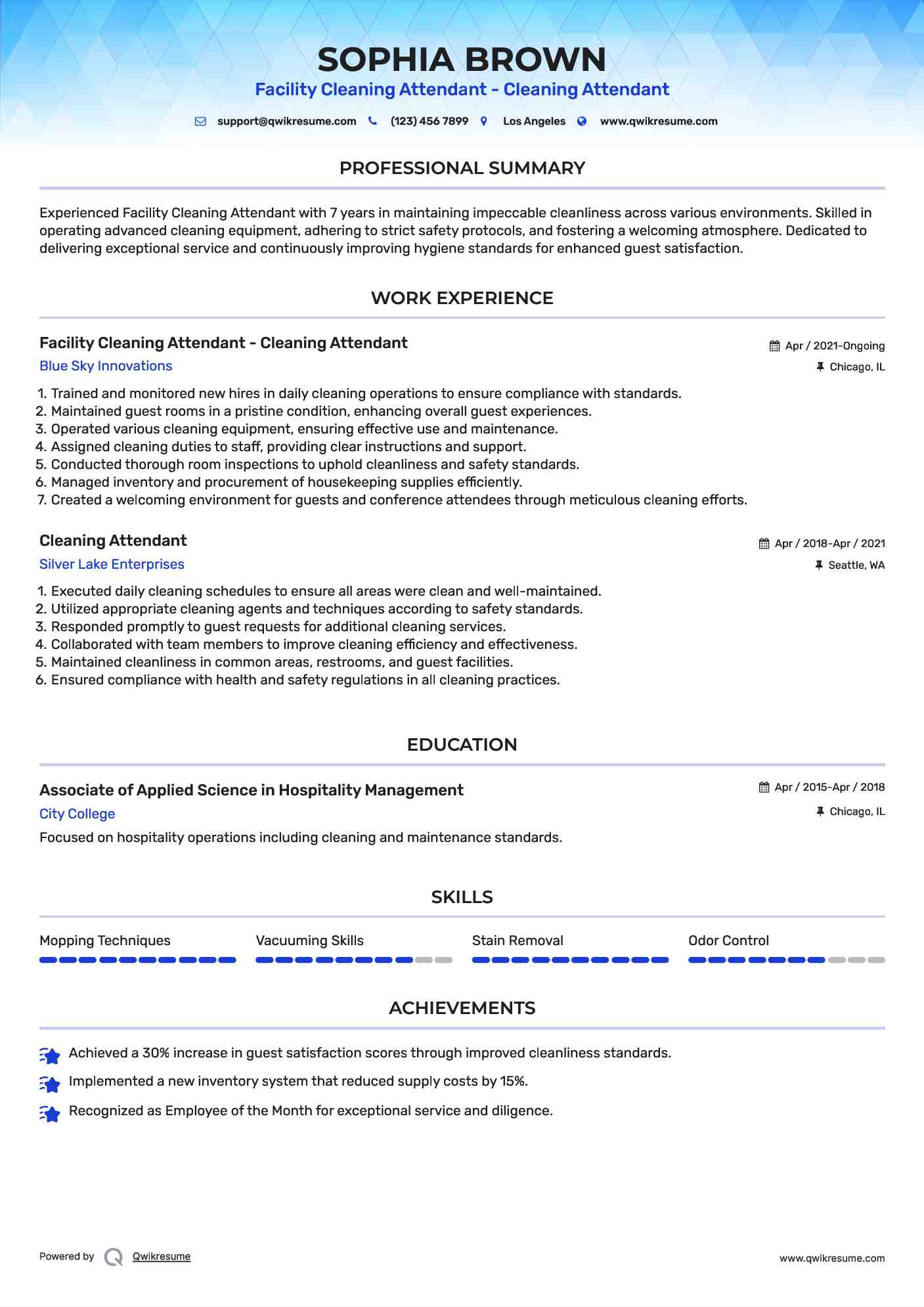 Facility Cleaning Attendant - Cleaning Attendant Resume Format
