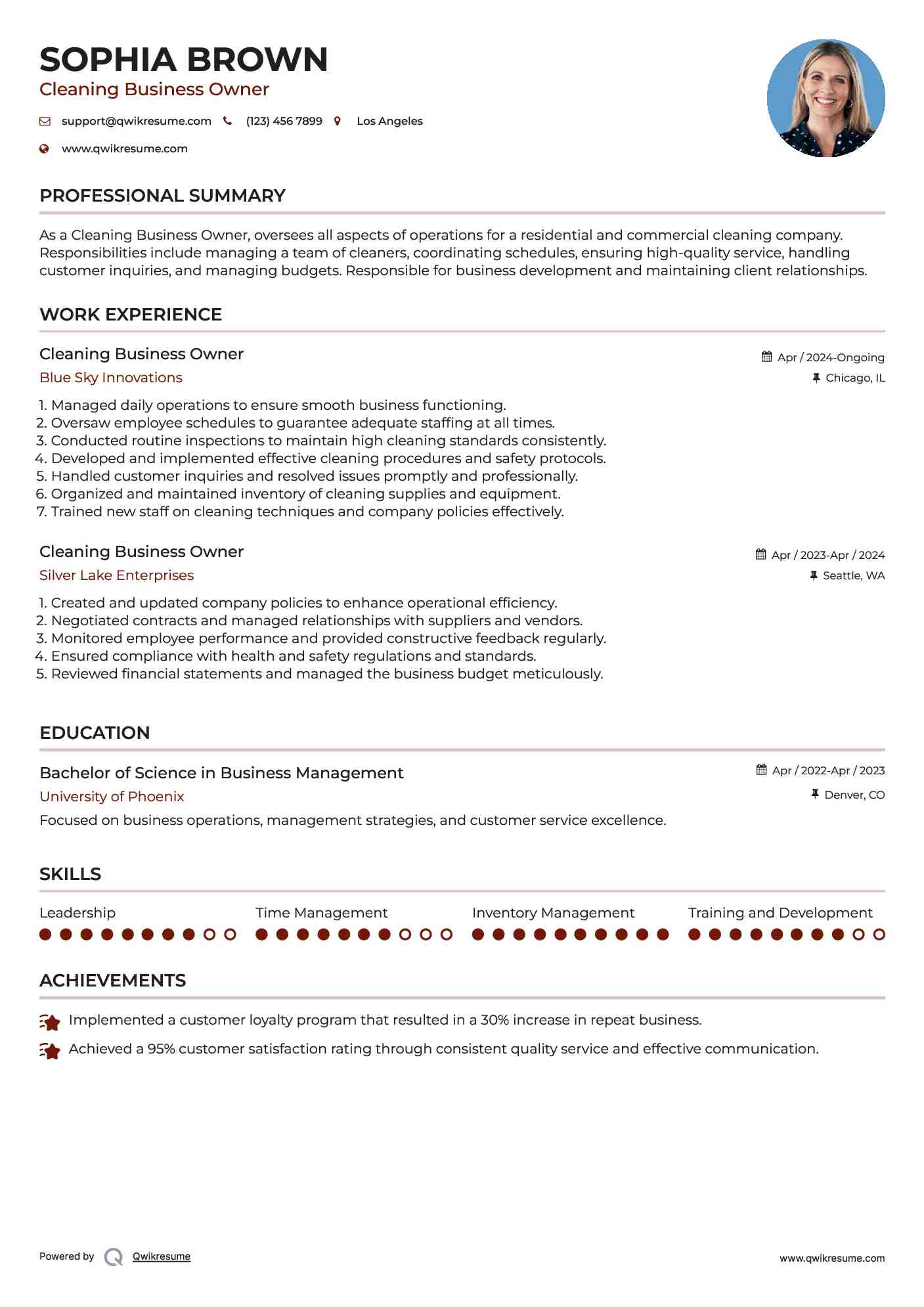 Cleaning Business Owner Resume Model