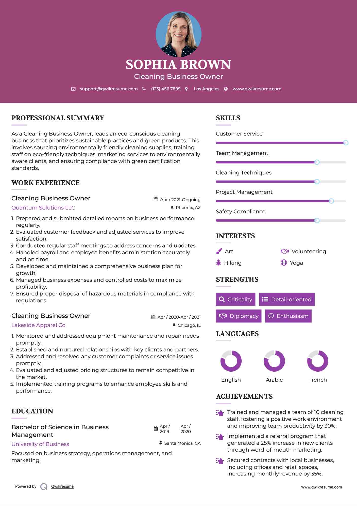 Cleaning Business Owner Resume Sample