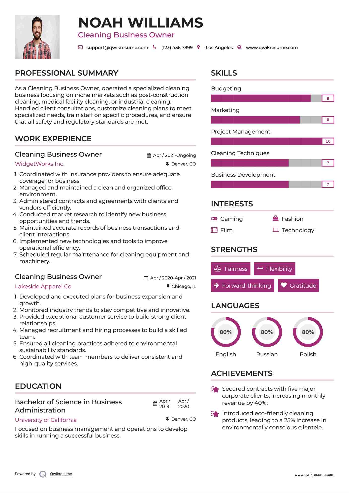 Cleaning Business Owner Resume Template
