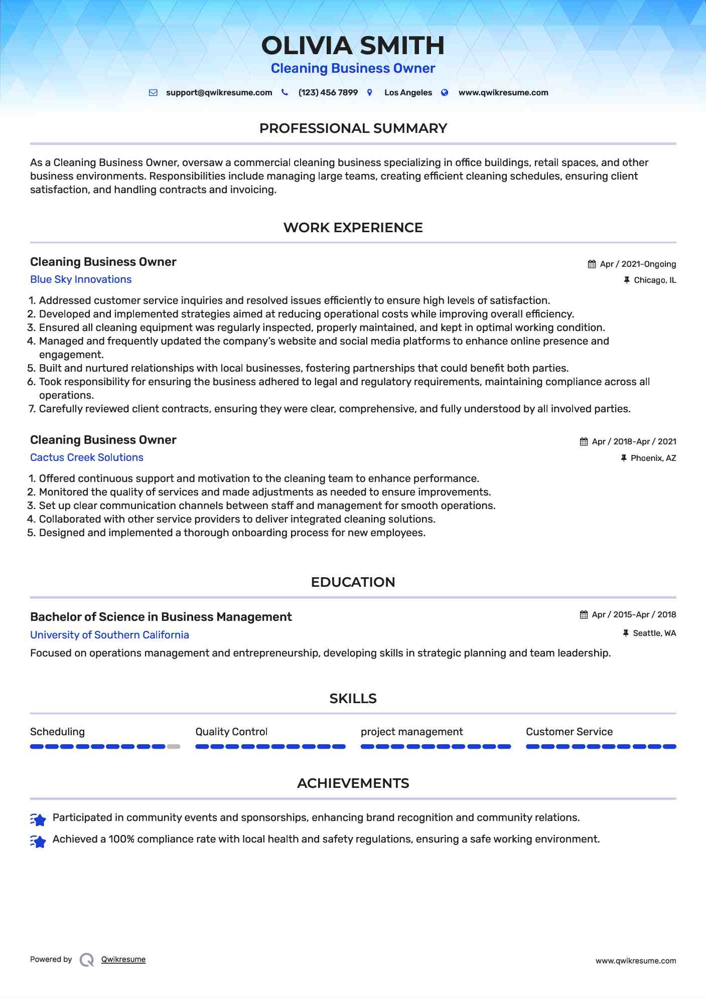 Cleaning Business Owner Resume Format