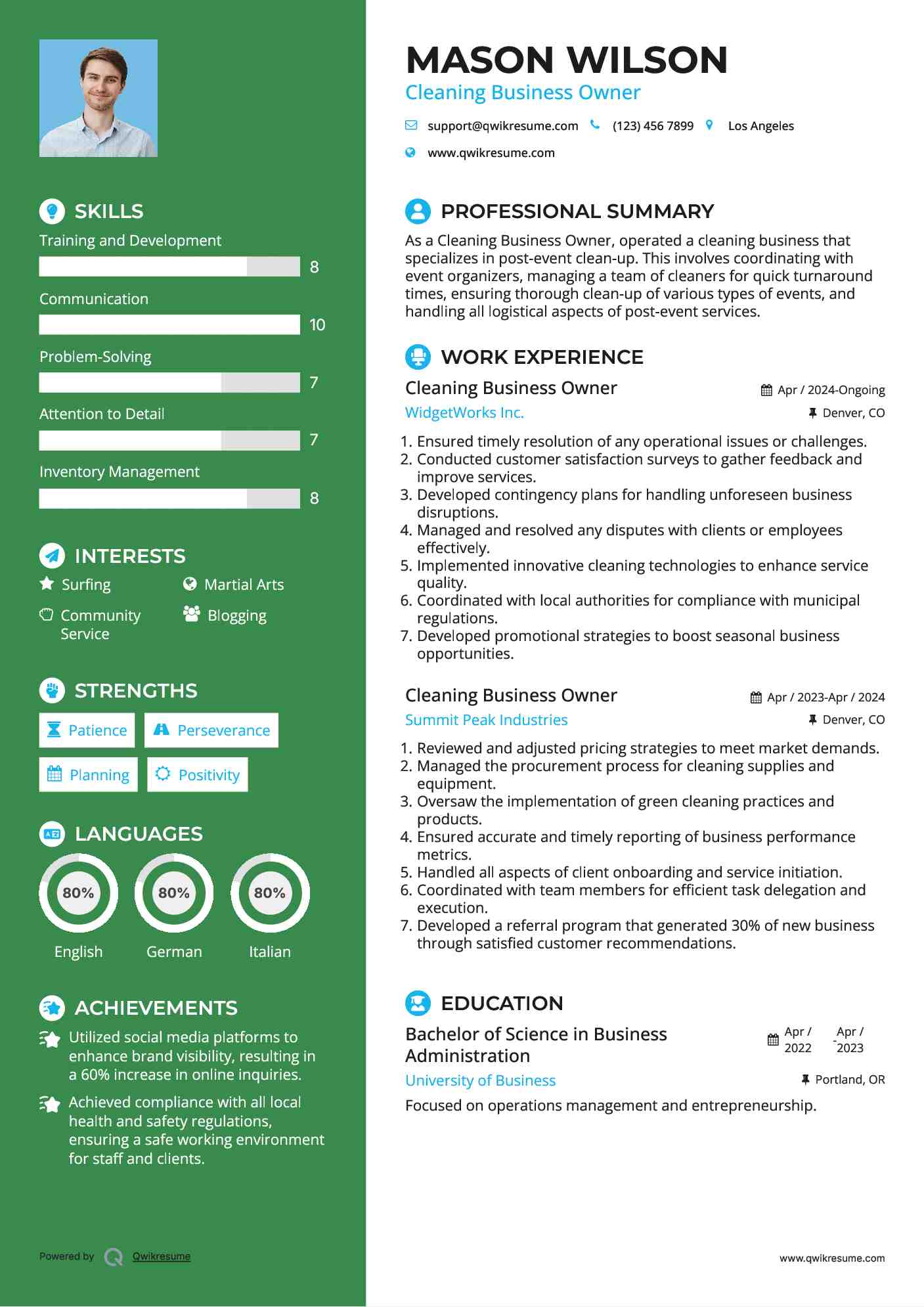 Cleaning Business Owner Resume Sample