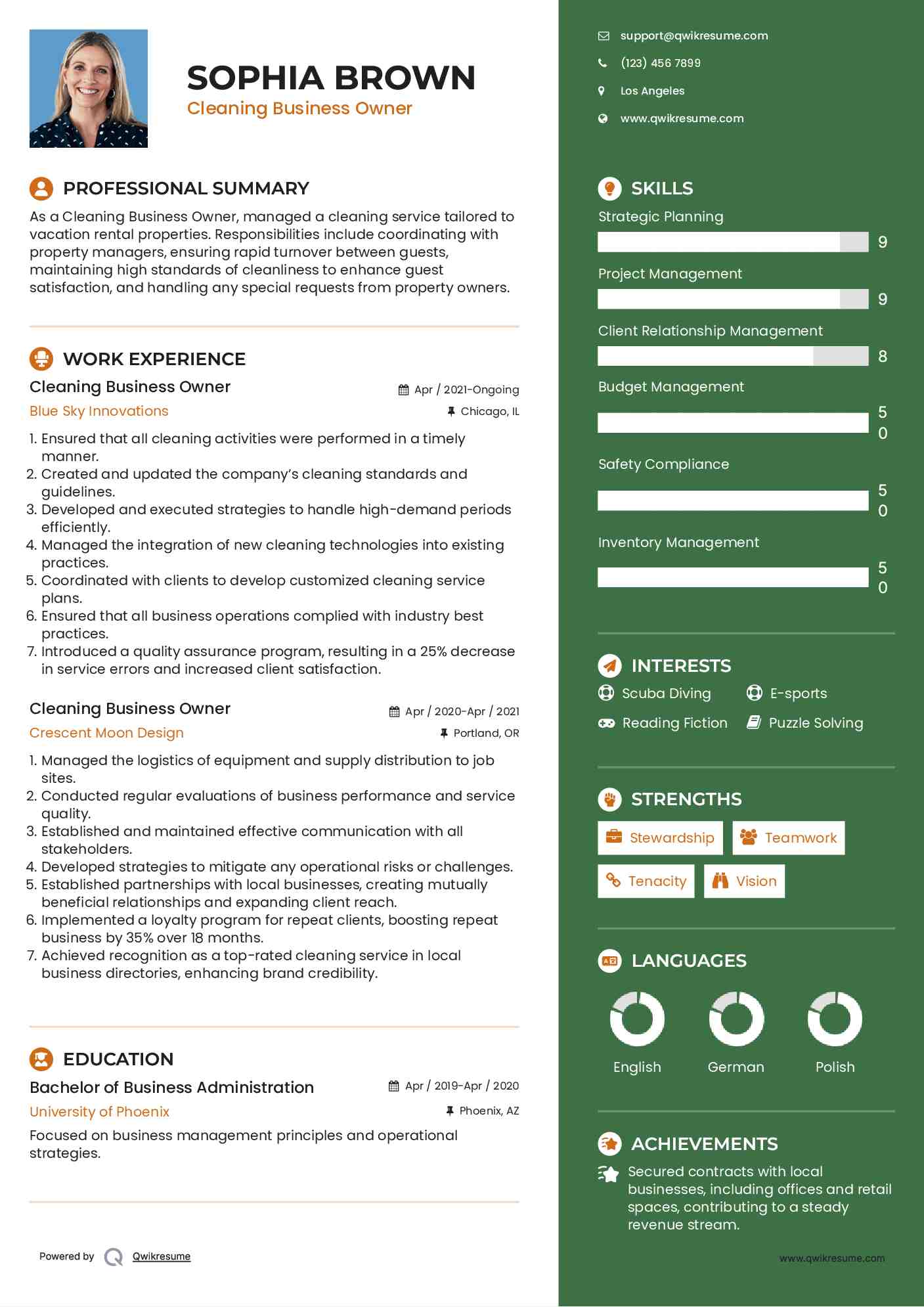 Cleaning Business Owner Resume Example