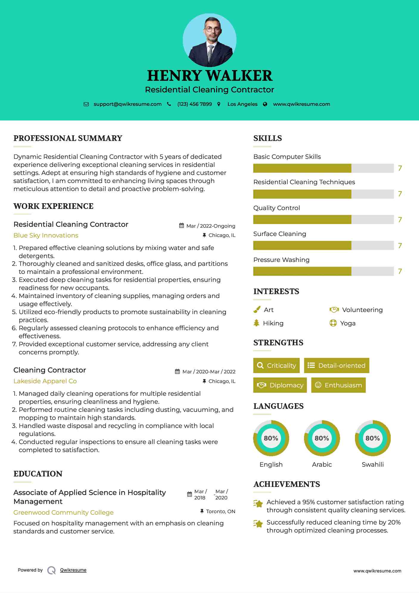 Residential Cleaning Contractor Resume Sample