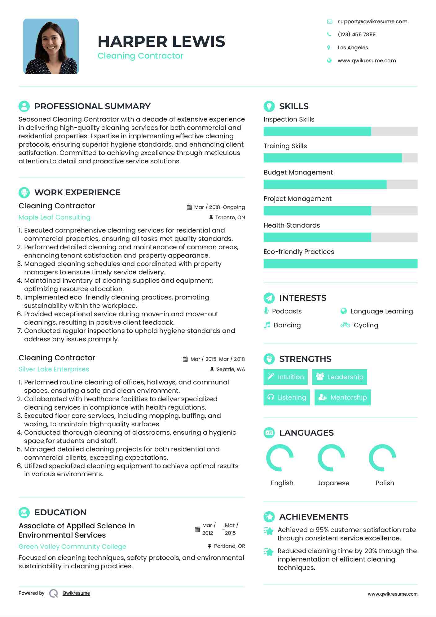 Cleaning Contractor Resume Model