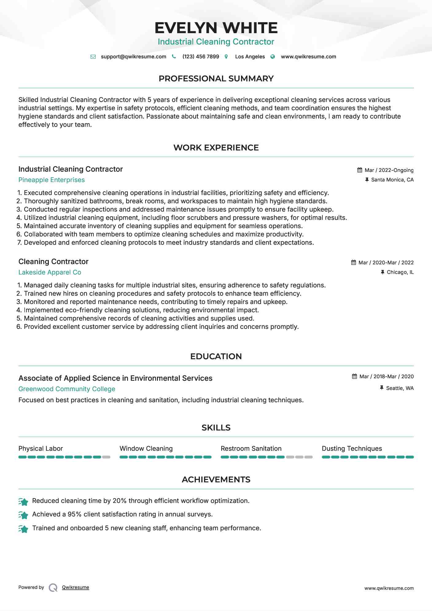 Industrial Cleaning Contractor Resume Sample