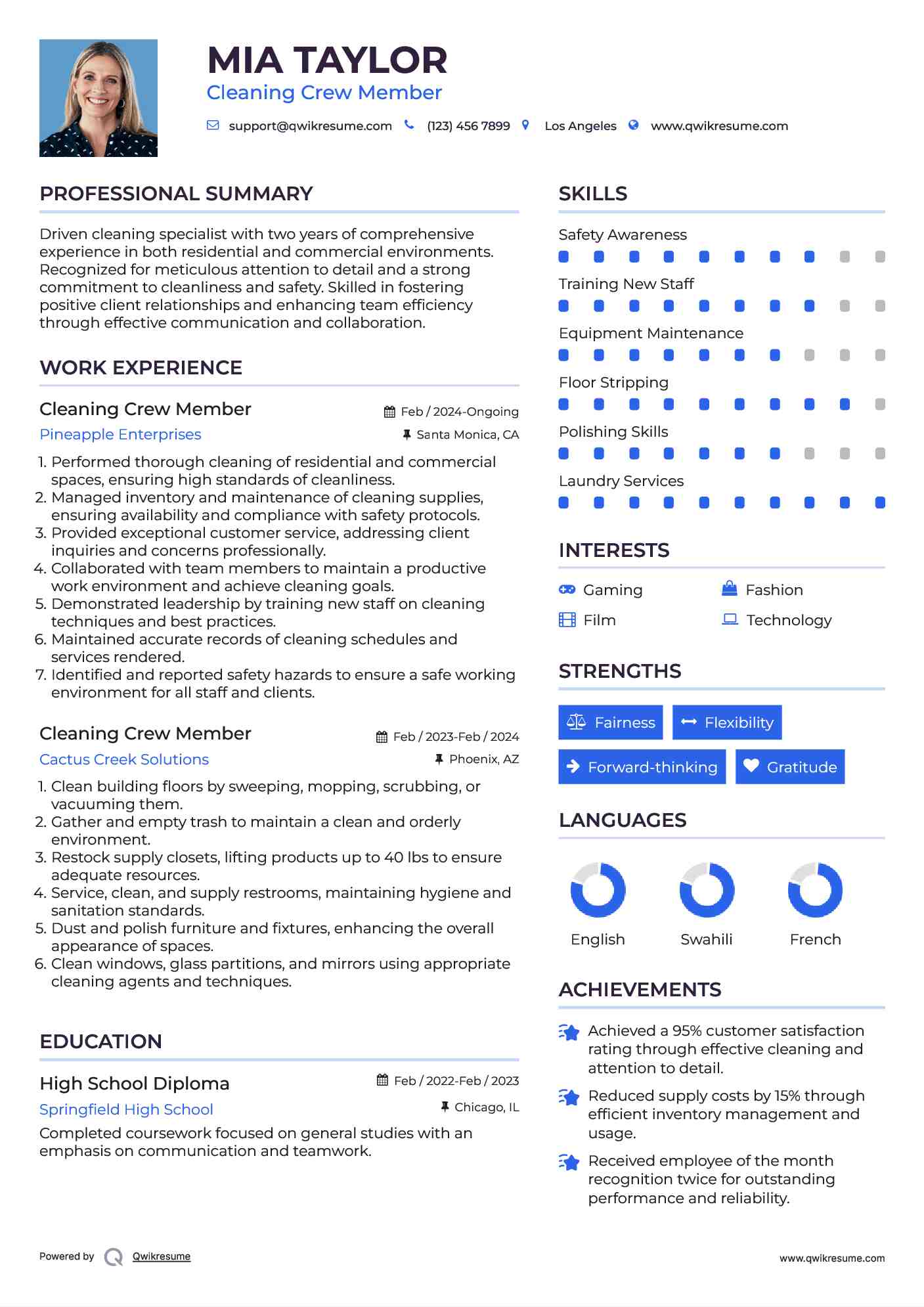Cleaning Crew Member Resume Sample