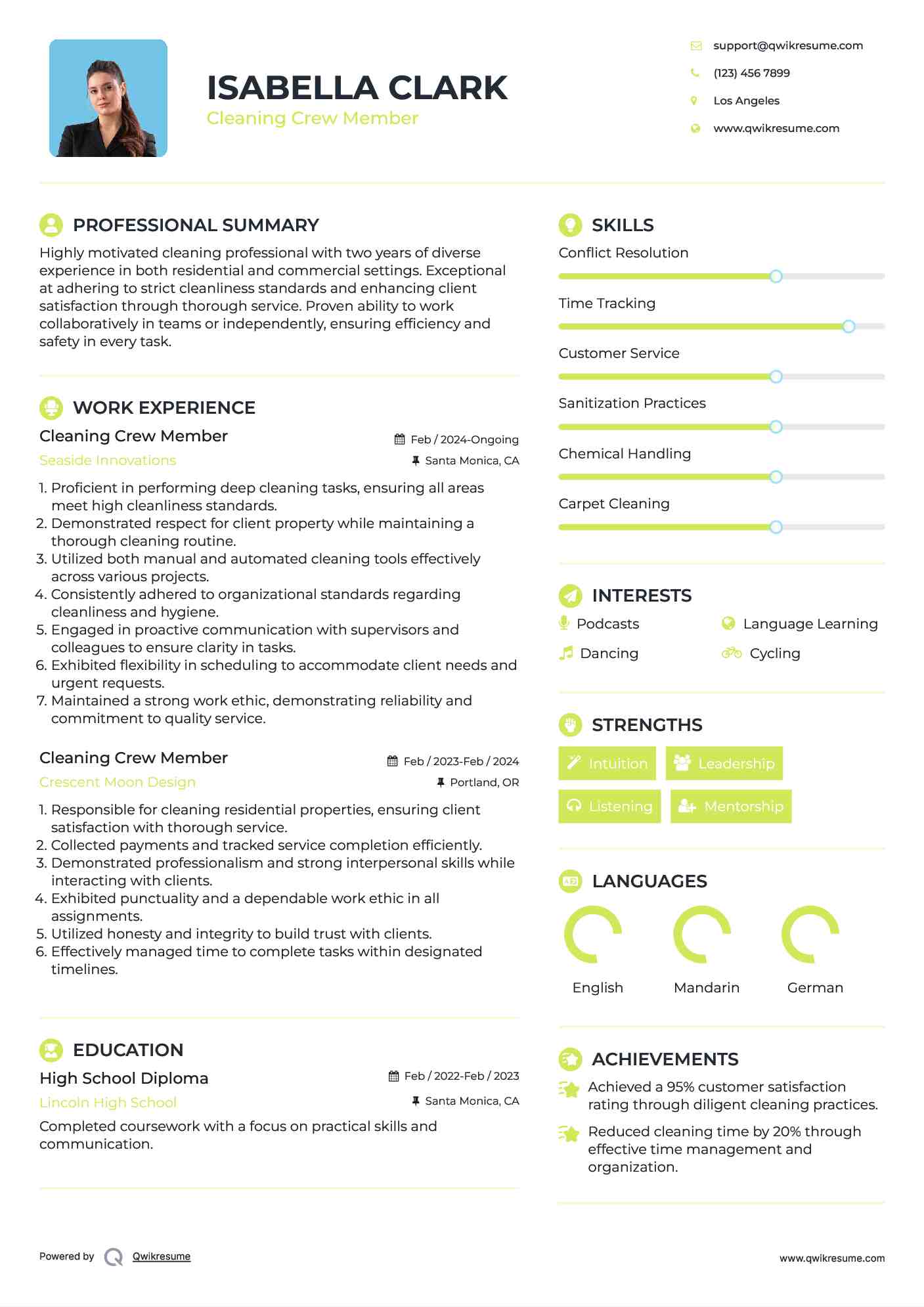 Cleaning Crew Member Resume Template