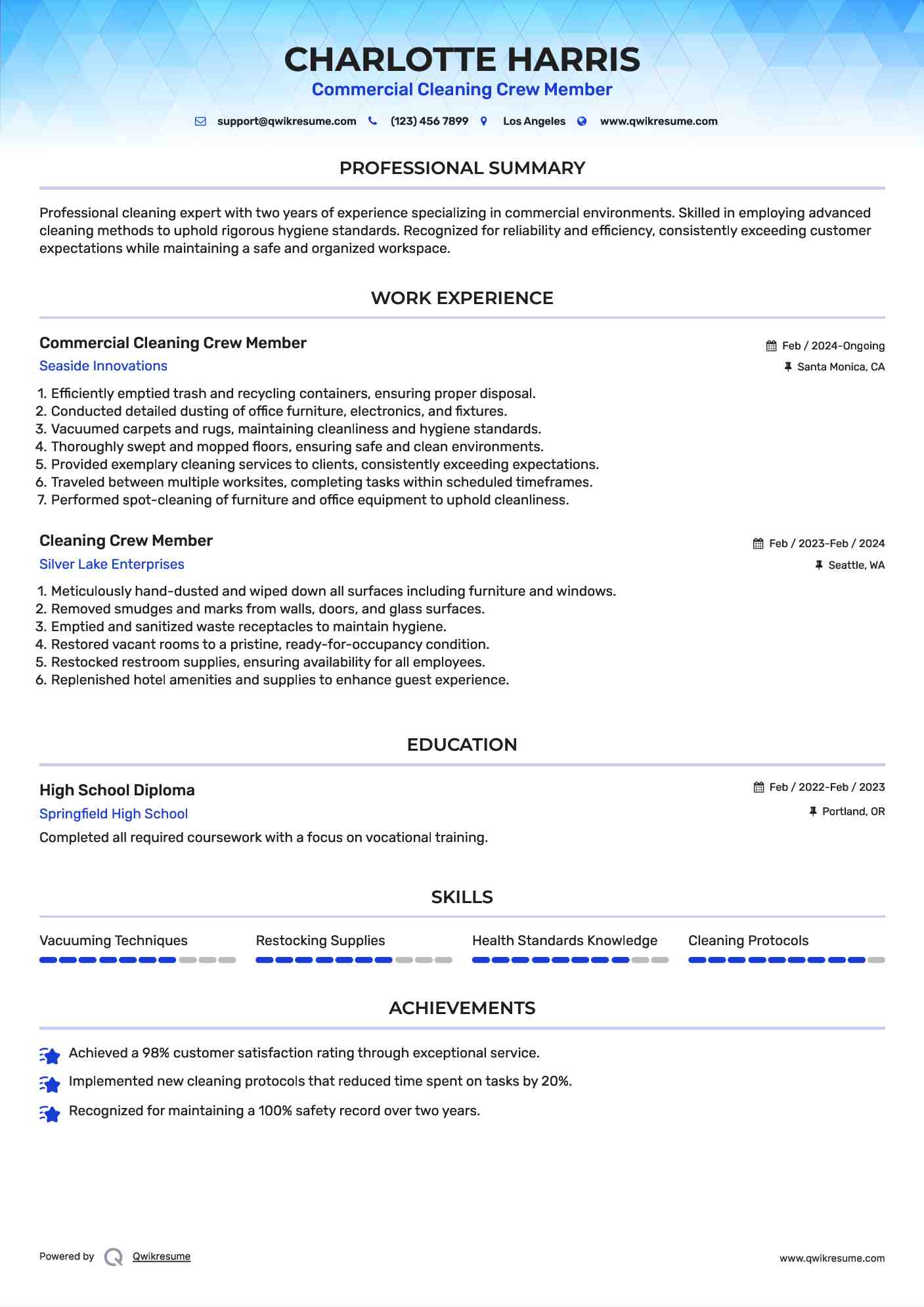 Commercial Cleaning Crew Member Resume Sample