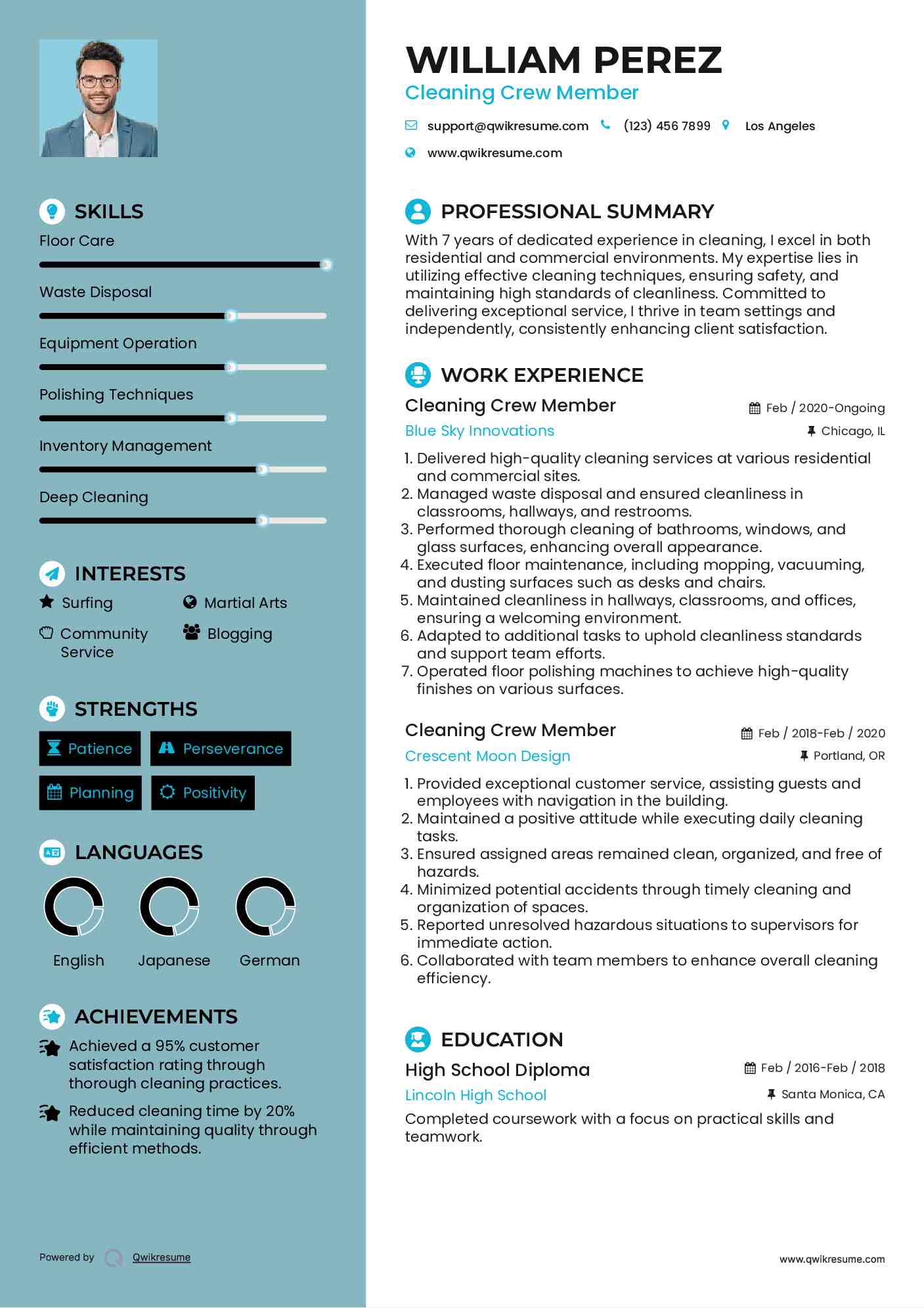 Cleaning Crew Member Resume Example