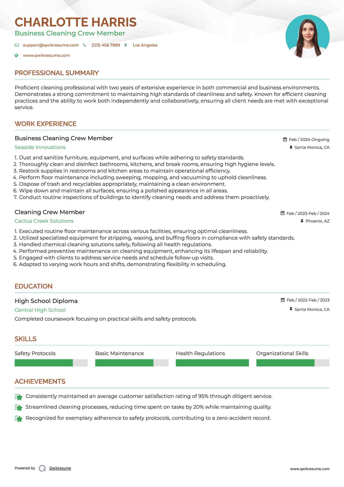 Business Cleaning Crew Member Resume Example