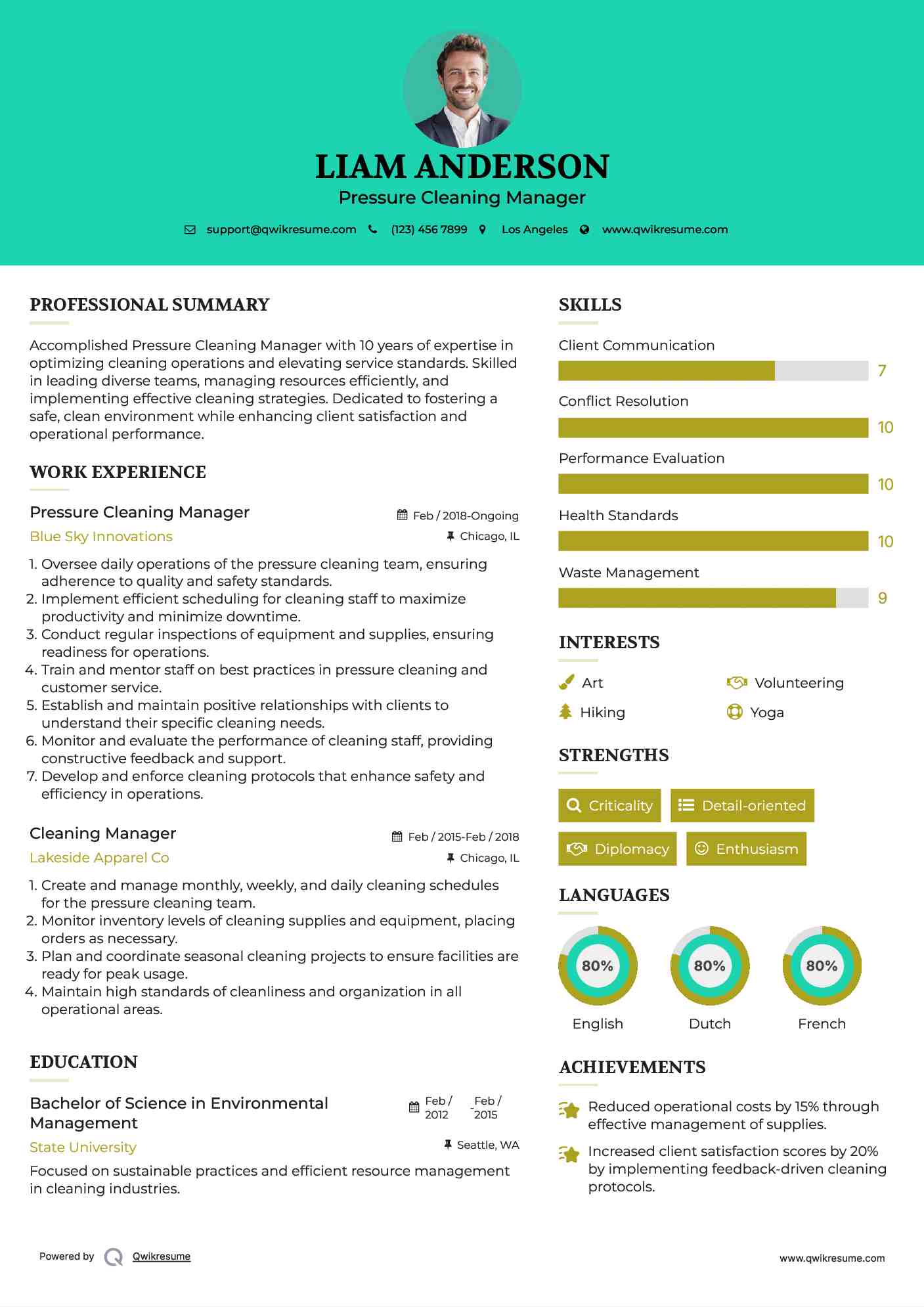 Pressure Cleaning Manager Resume Template