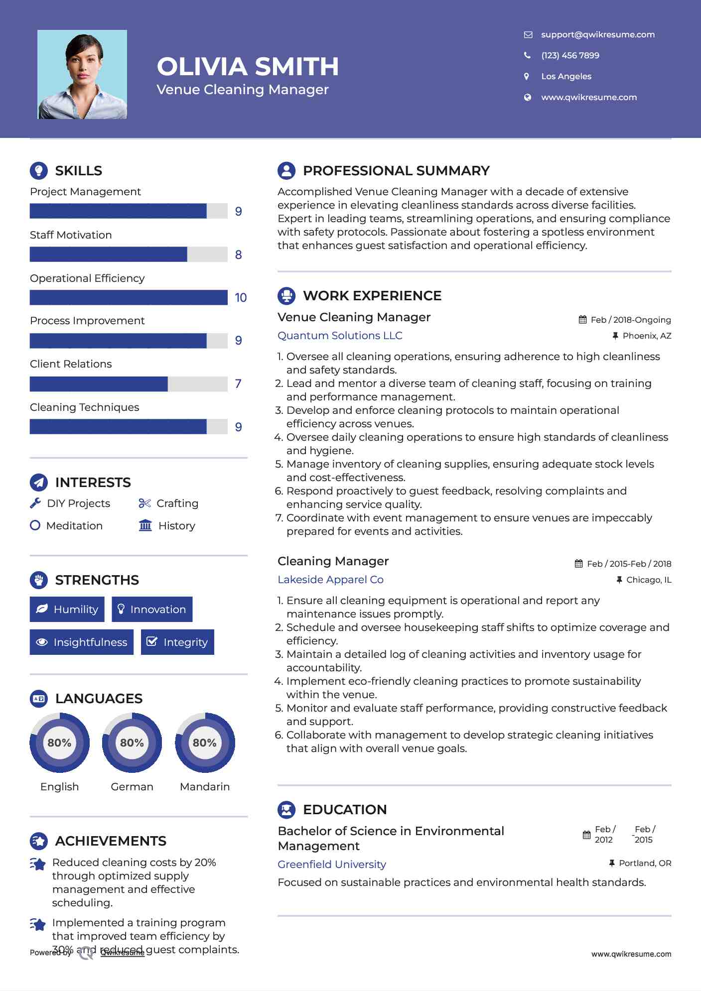 Venue Cleaning Manager  Resume Sample