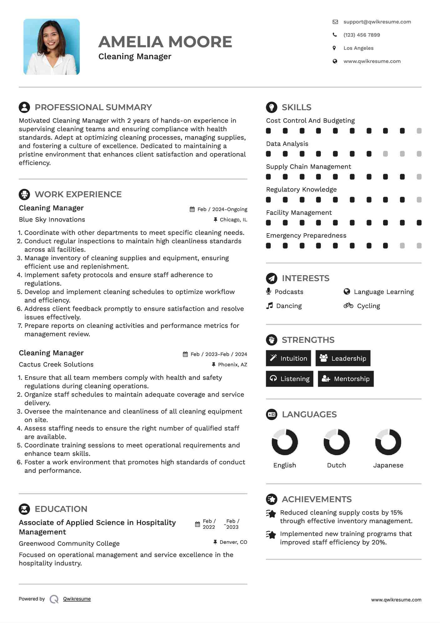 Cleaning Manager Resume Format