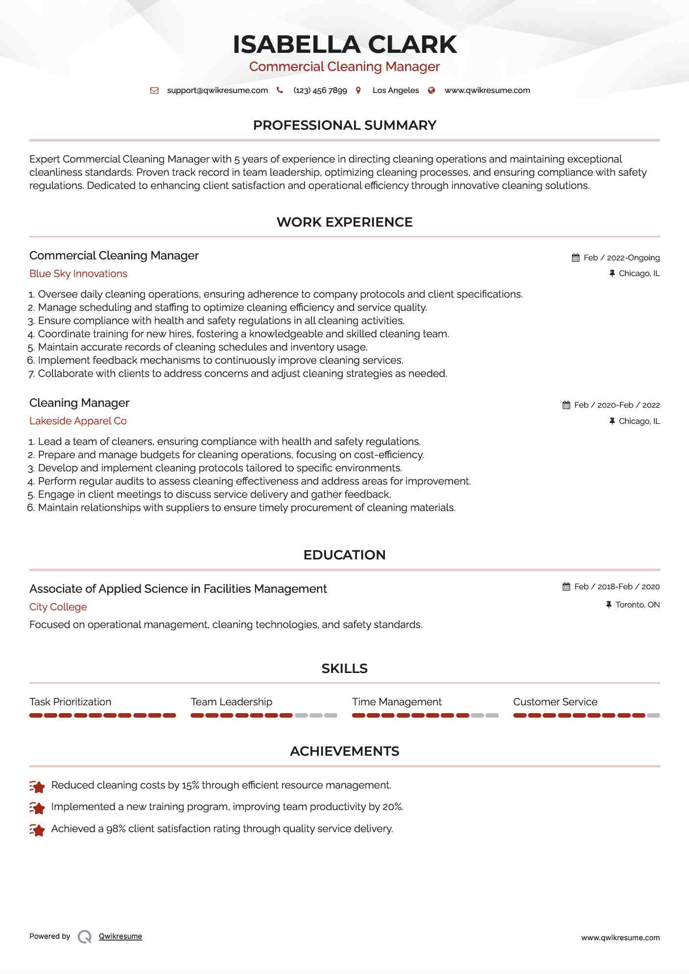 Commercial Cleaning Manager Resume Template