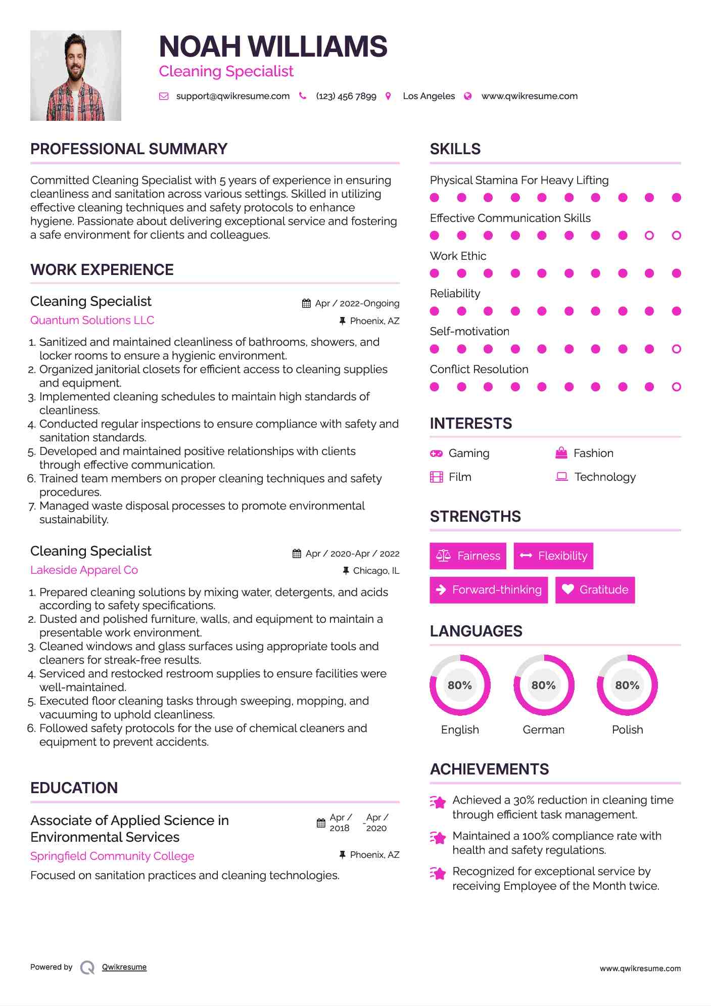Cleaning Specialist Resume Sample
