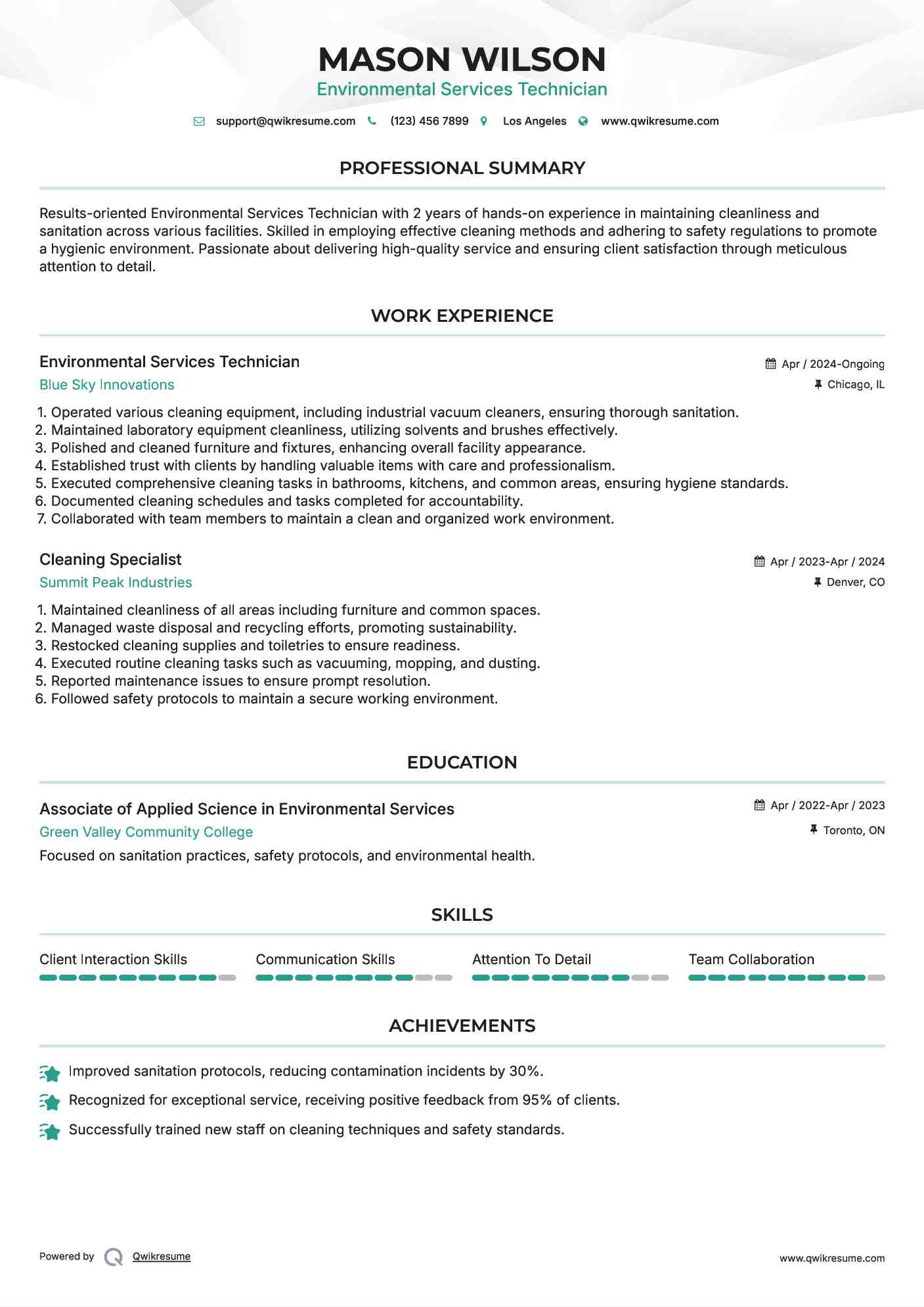 Environmental Services Technician Resume Sample