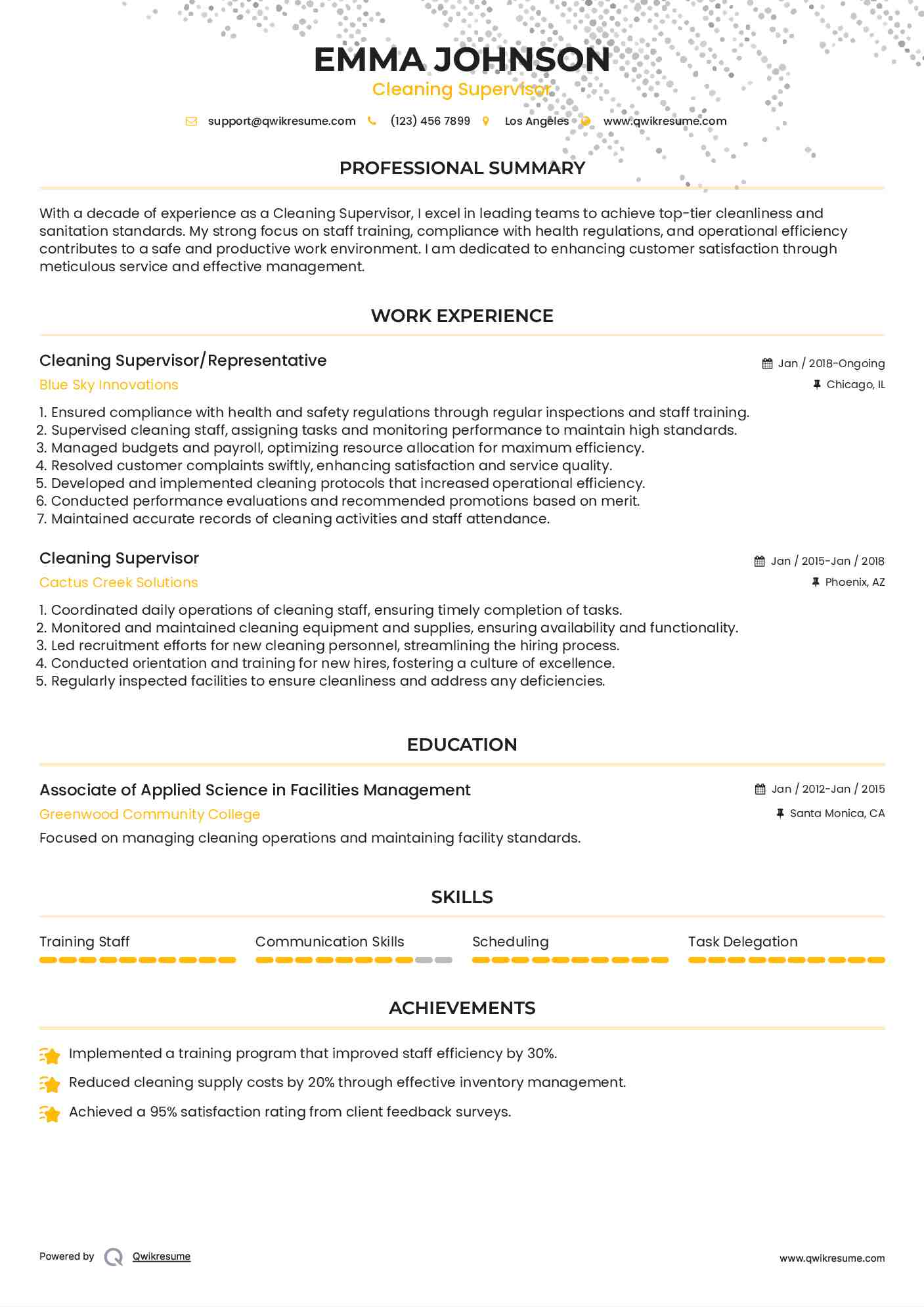 Cleaning Supervisor/Representative Resume Format
