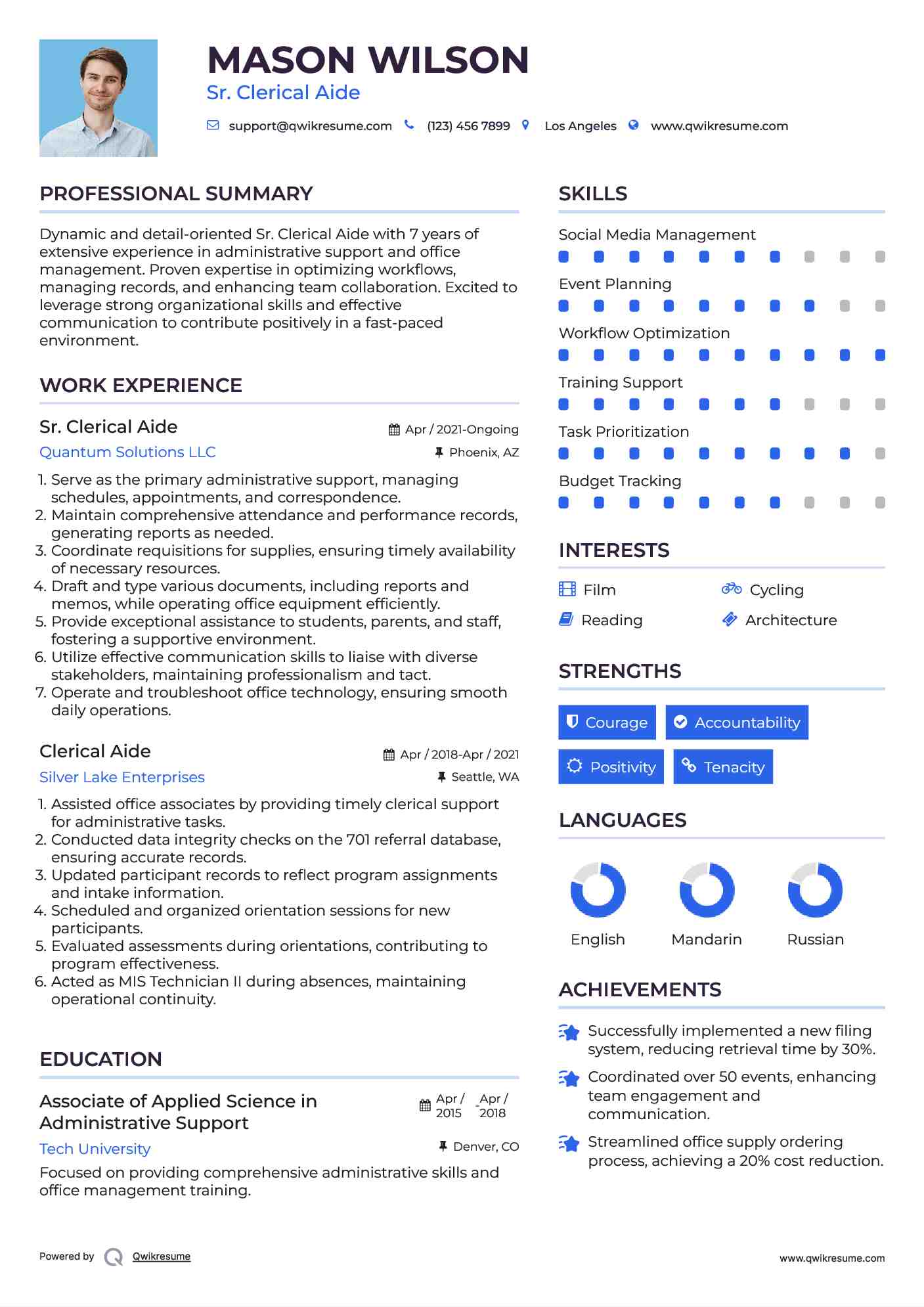 Sr. Clerical Aide Resume Sample