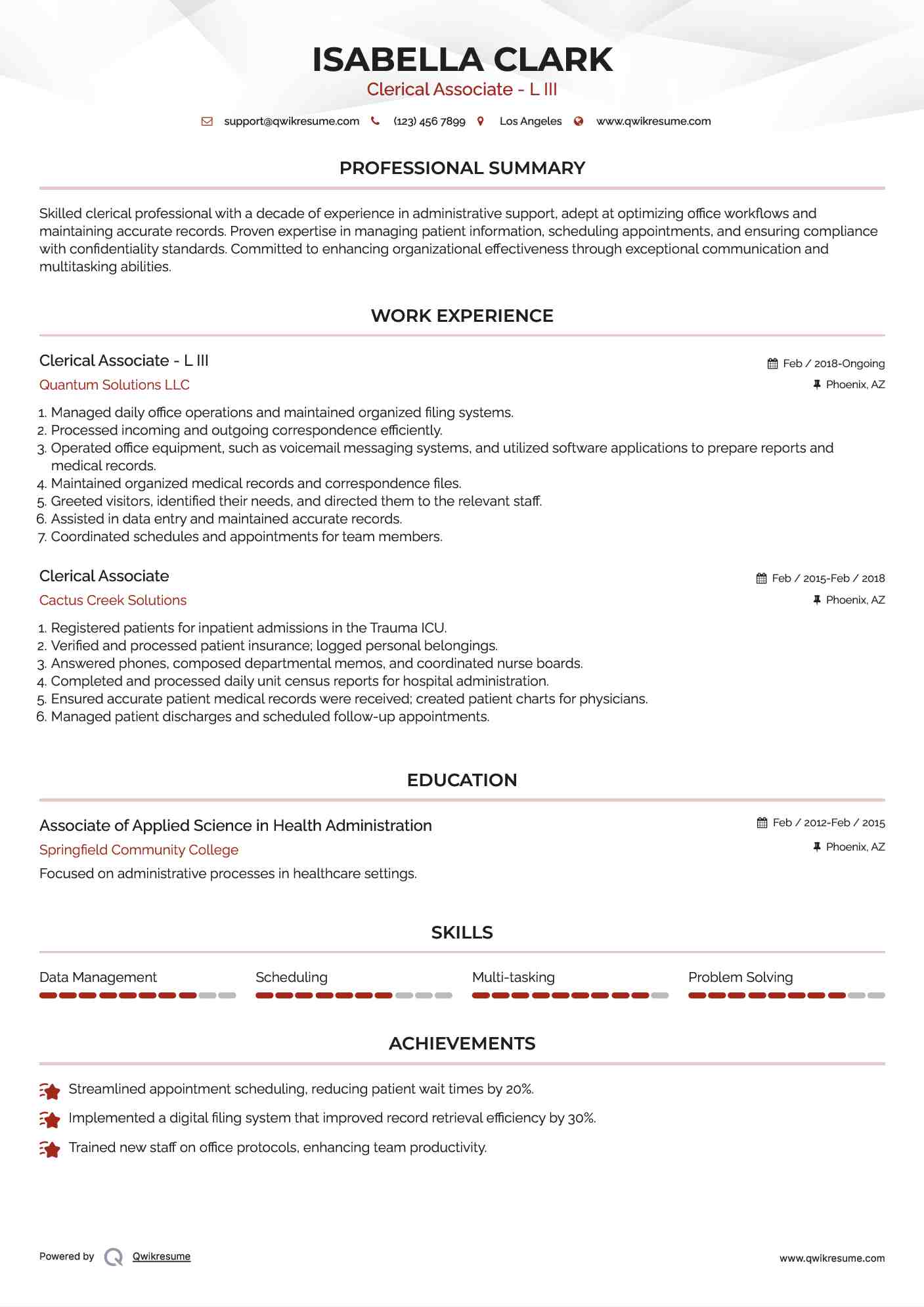 Clerical Associate - L III Resume Sample