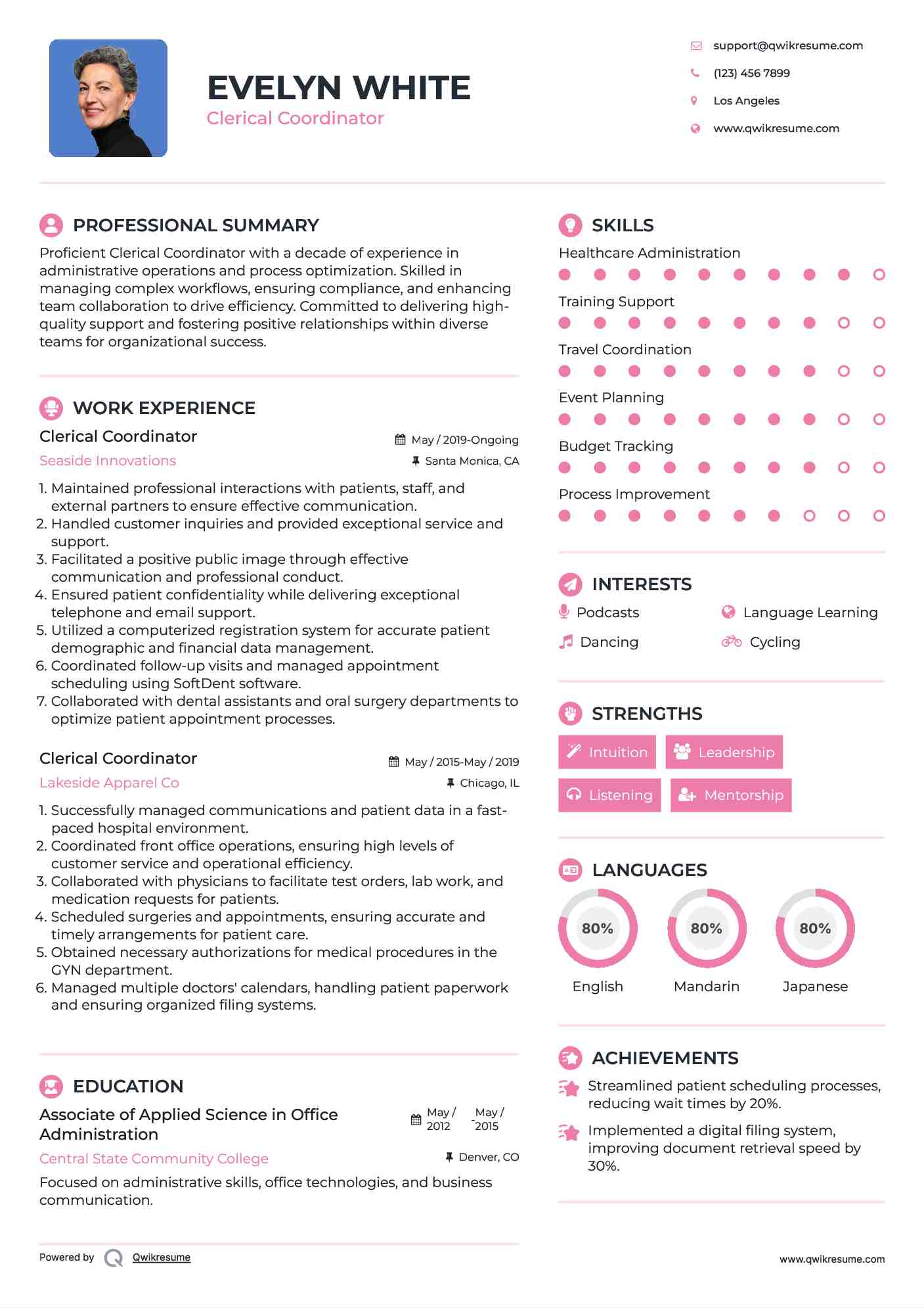 Clerical Coordinator Resume Sample