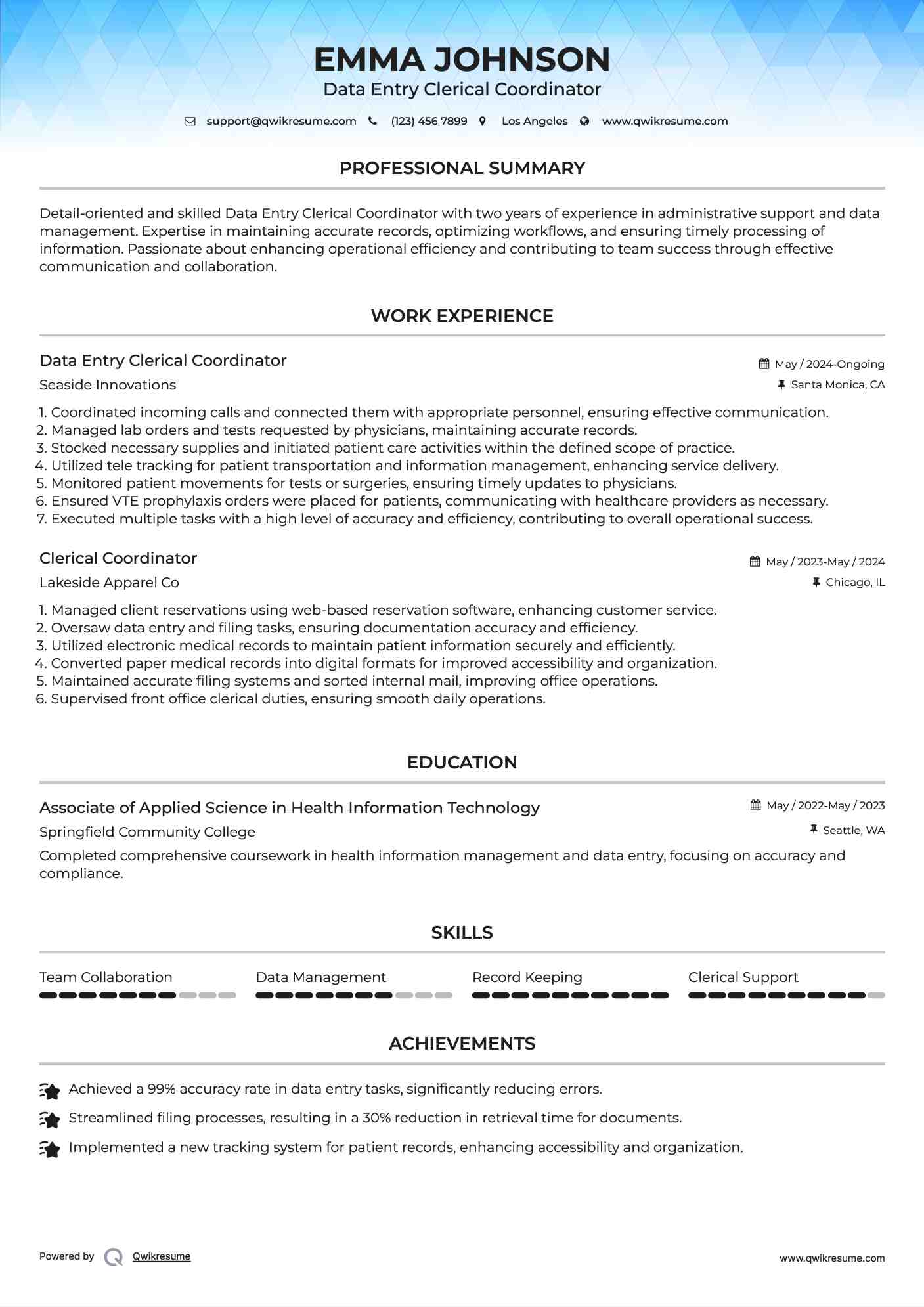 Data Entry Clerical Coordinator Resume Template