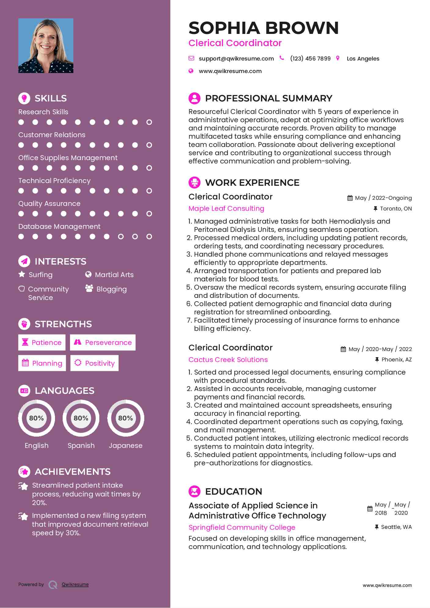 Clerical Coordinator Resume Sample