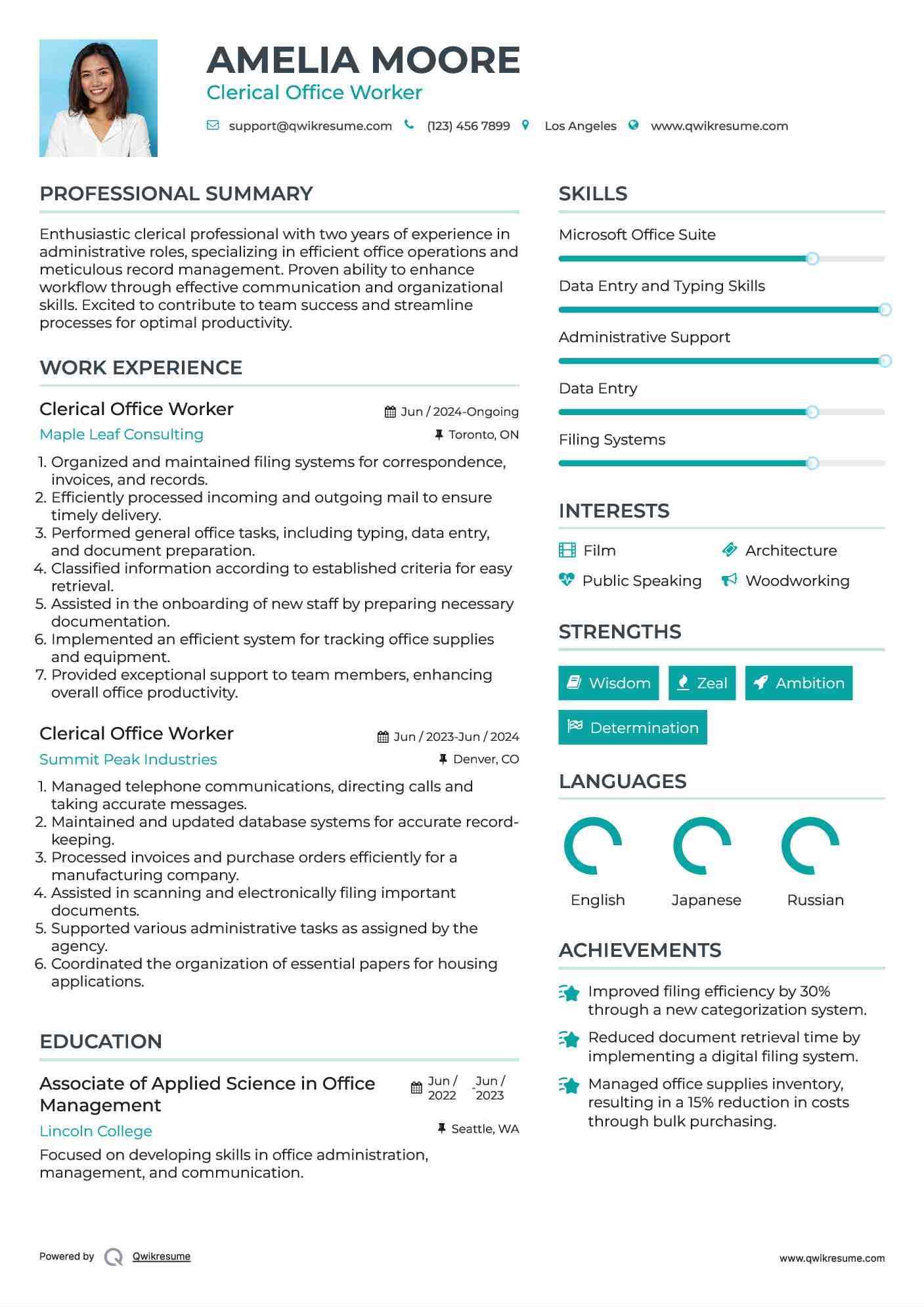 Clerical Office Worker Resume Sample