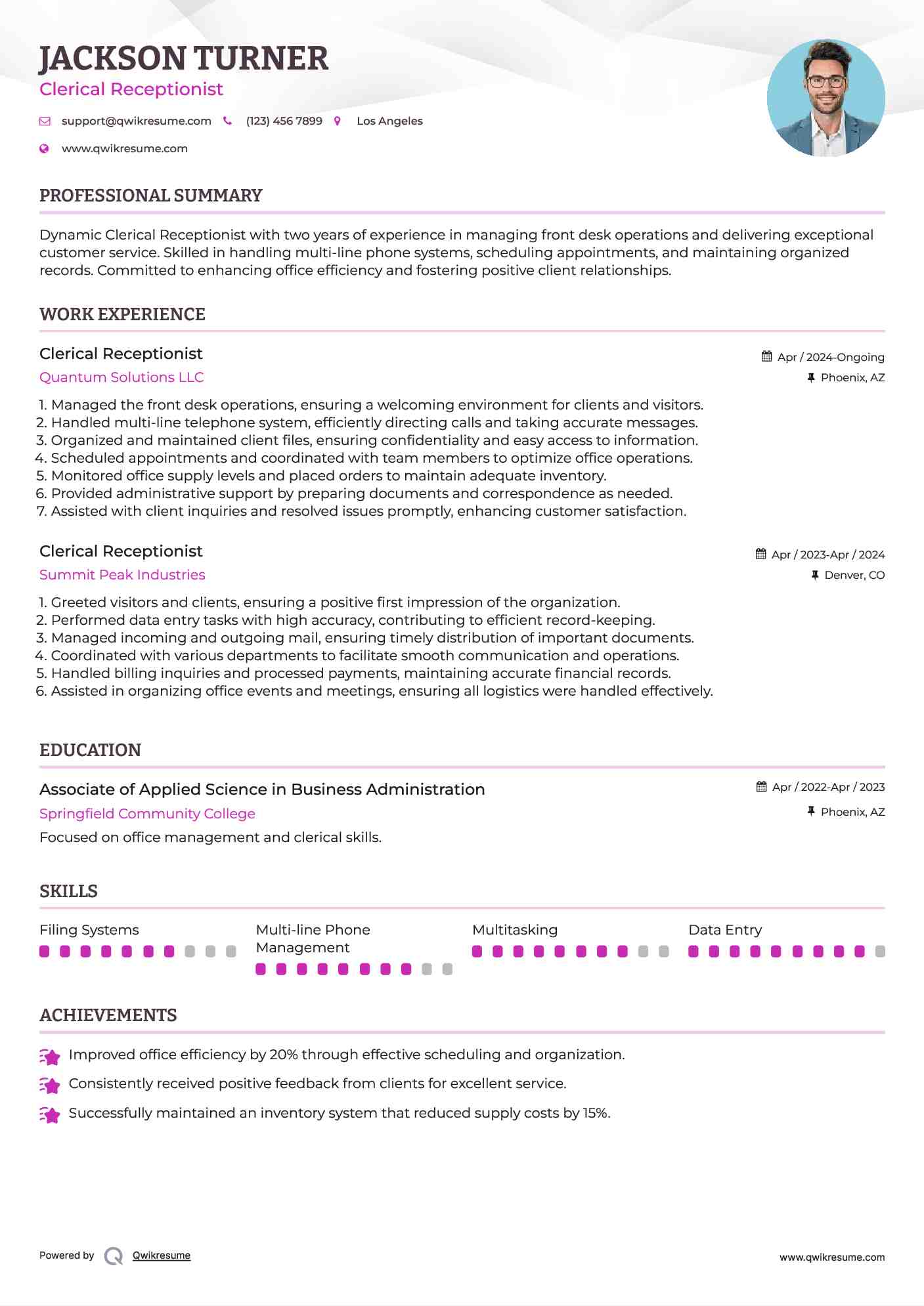 Clerical Receptionist Resume Sample