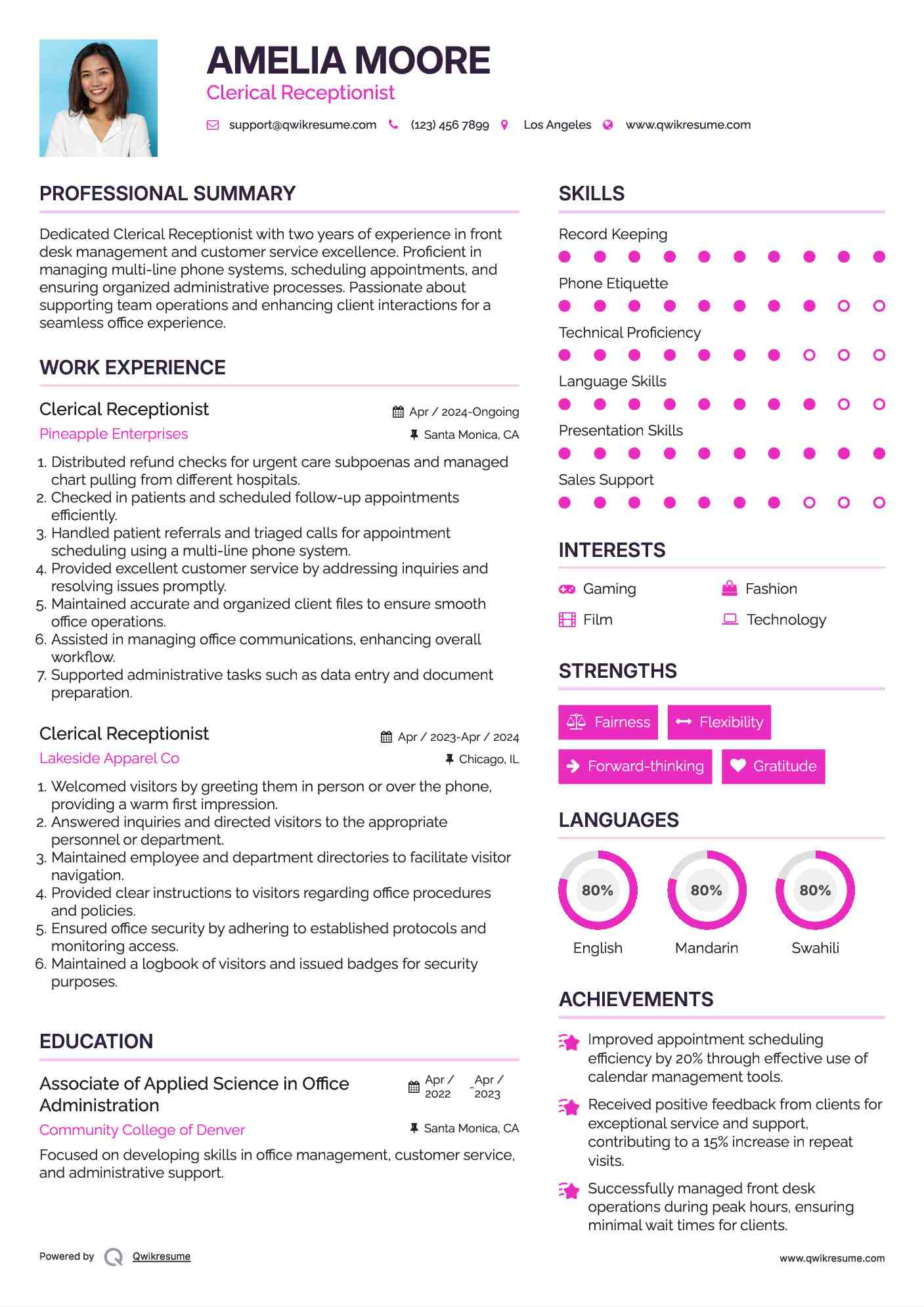 Clerical Receptionist Resume Model