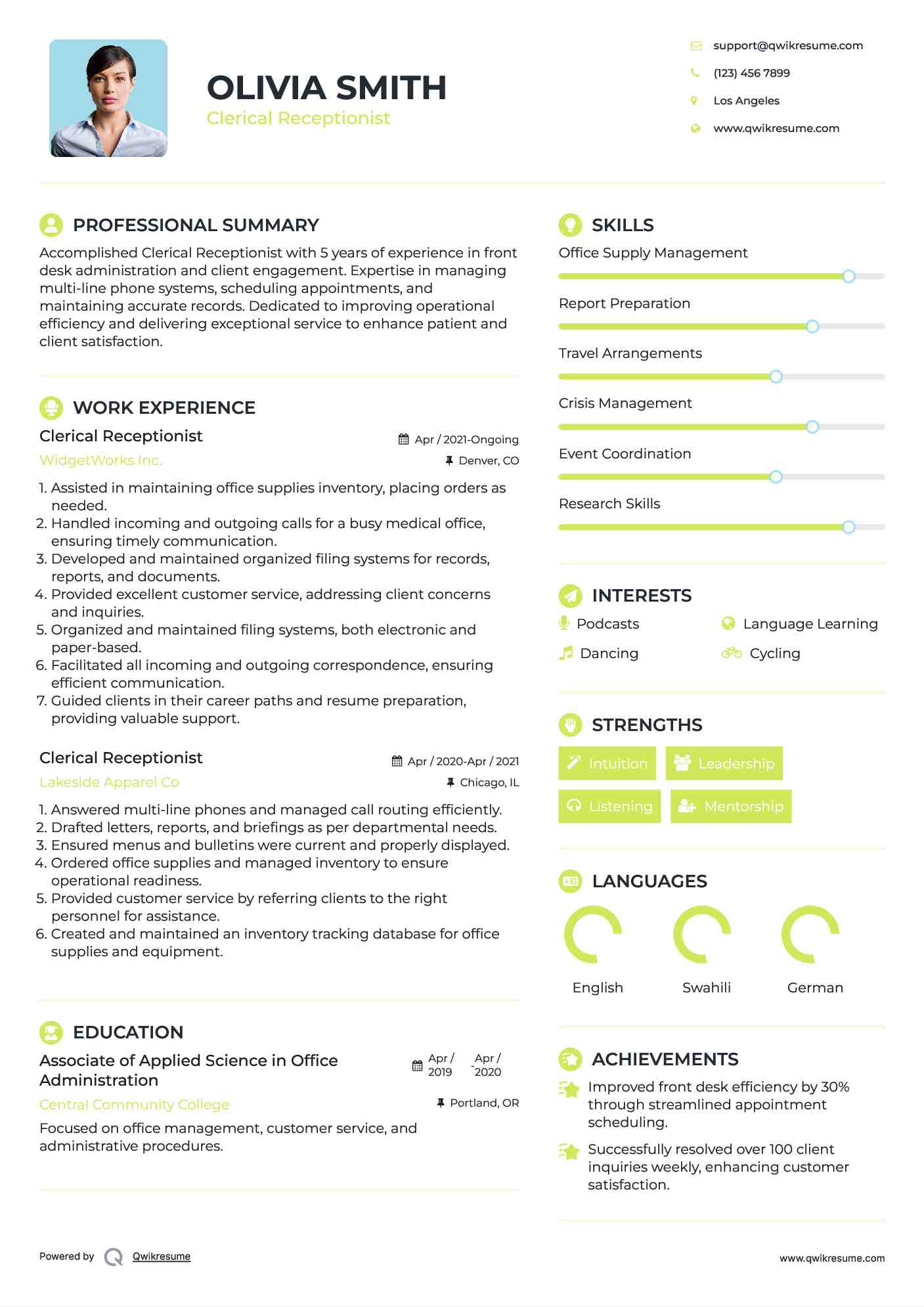 Clerical Receptionist Resume Model