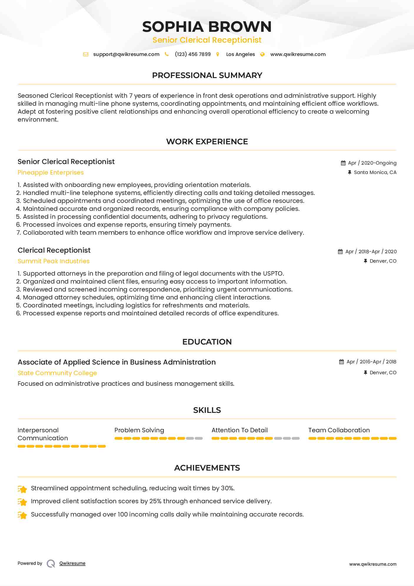 Senior Clerical Receptionist Resume Model