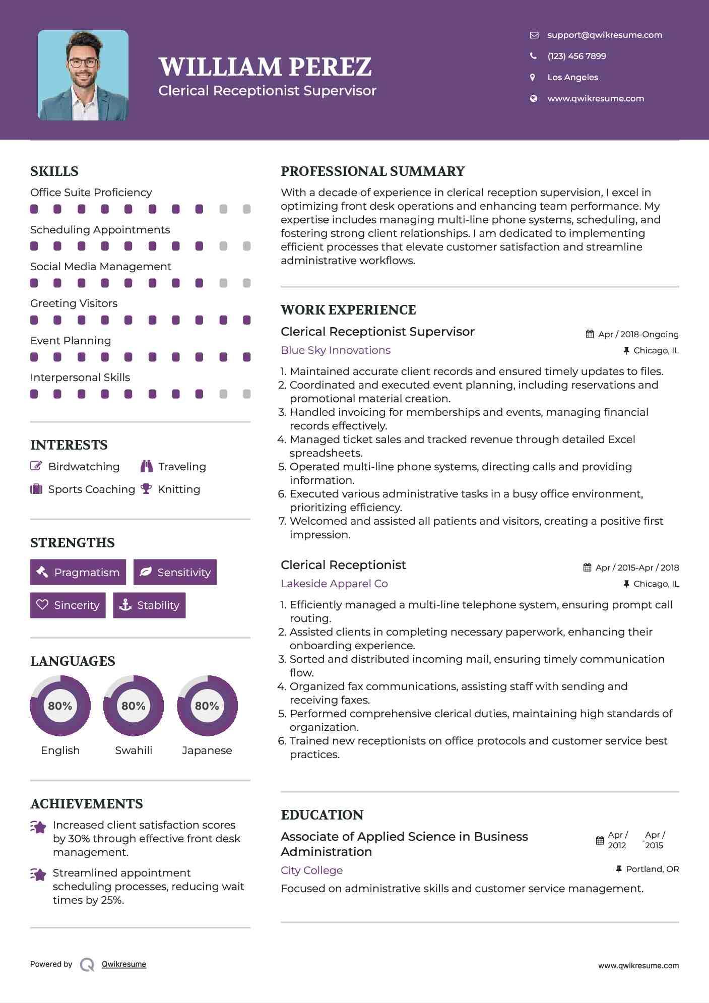 Clerical Receptionist Supervisor Resume Example